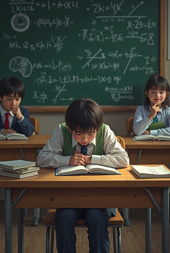 Realistic style, 14-year-old students in midnight blue uniforms are studying physics at blue student desks with math books. 