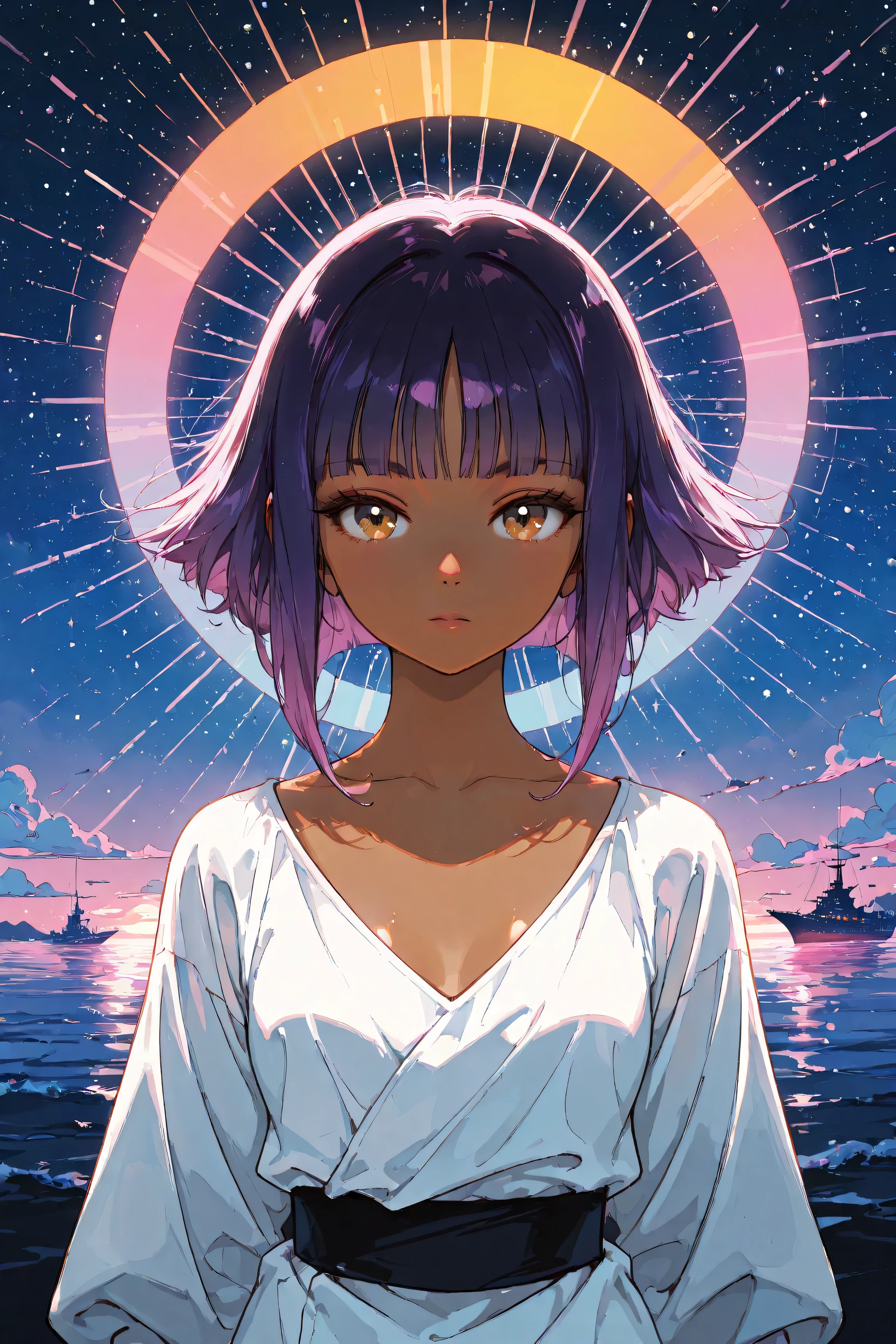 ((best quality)), ((masterpiece)), (detailed), perfect face, dark skin, surreal, in the illustrative style of moebius, spaceships, aliens, fantasy, sci-fi, graphic novel, line drawing, ((japanese retro)), long purple hair, blunt bangs, gold eyes, white tunic, small breasts, cleavage, SYNTHWAVE STYLE DESIGN VIBRANT COLORS, young japanese girl, 60s retro, french art deco, graphic poster design, illustrated anime, purples, golds, shiny skin,
