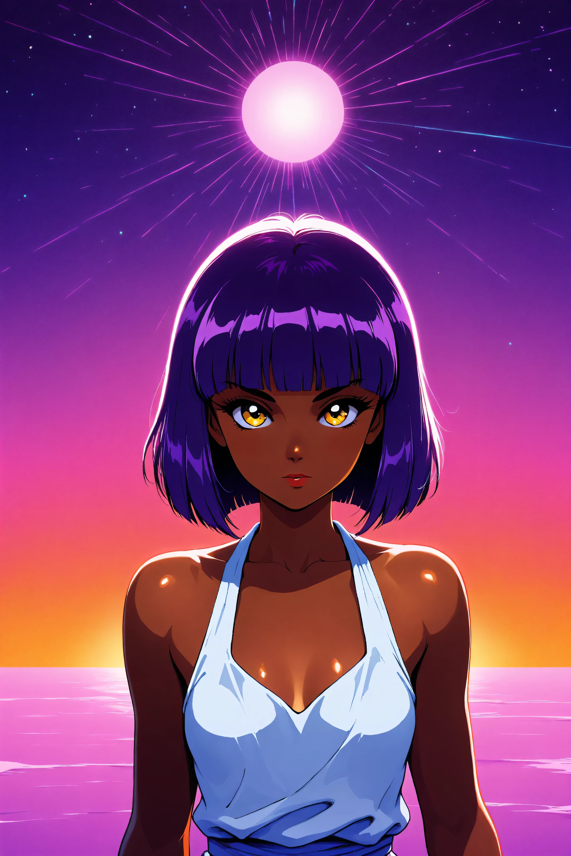 ((best quality)), ((masterpiece)), (detailed), perfect face, dark skin, surreal, in the illustrative style of moebius, spaceships, aliens, fantasy, sci-fi, graphic novel, line drawing, ((japanese retro)), long purple hair, blunt bangs, gold eyes, white tunic, small breasts, cleavage, SYNTHWAVE STYLE DESIGN VIBRANT COLORS, young japanese girl, 60s retro, french art deco, graphic poster design, illustrated anime, purples, golds, shiny skin, 