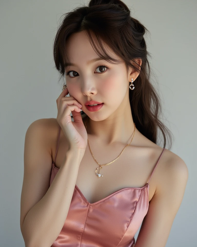 Turbulent posture、(extremely delicate and beautiful work)、(masterpiece)、1girl in、girl with dress、high-detail、Lumbar leakage、Ponytail distortion、Charming look、Beautiful clear eyes、Blue eyes、delicate necklaces、Delicate earrings、Fairy ears、Simple background blur、Ultra-fine depiction、Beautiful fece、enticing、Ultra-fine painting、delicated face、Delicate figure、thin clavicle、Lovely lips、Beautiful breasts、Soft back、mix4、(8K、Raw photography、top-quality) 、masterpiece:1.2)、(realisitic、Photorealsitic:1.37)、1 girl、cute little、A city scape、natta、Sateen、Wet、Professional Lighting、Photon mapping、Radio City、Physically Based Rendering、full body Esbian、Random hair color、