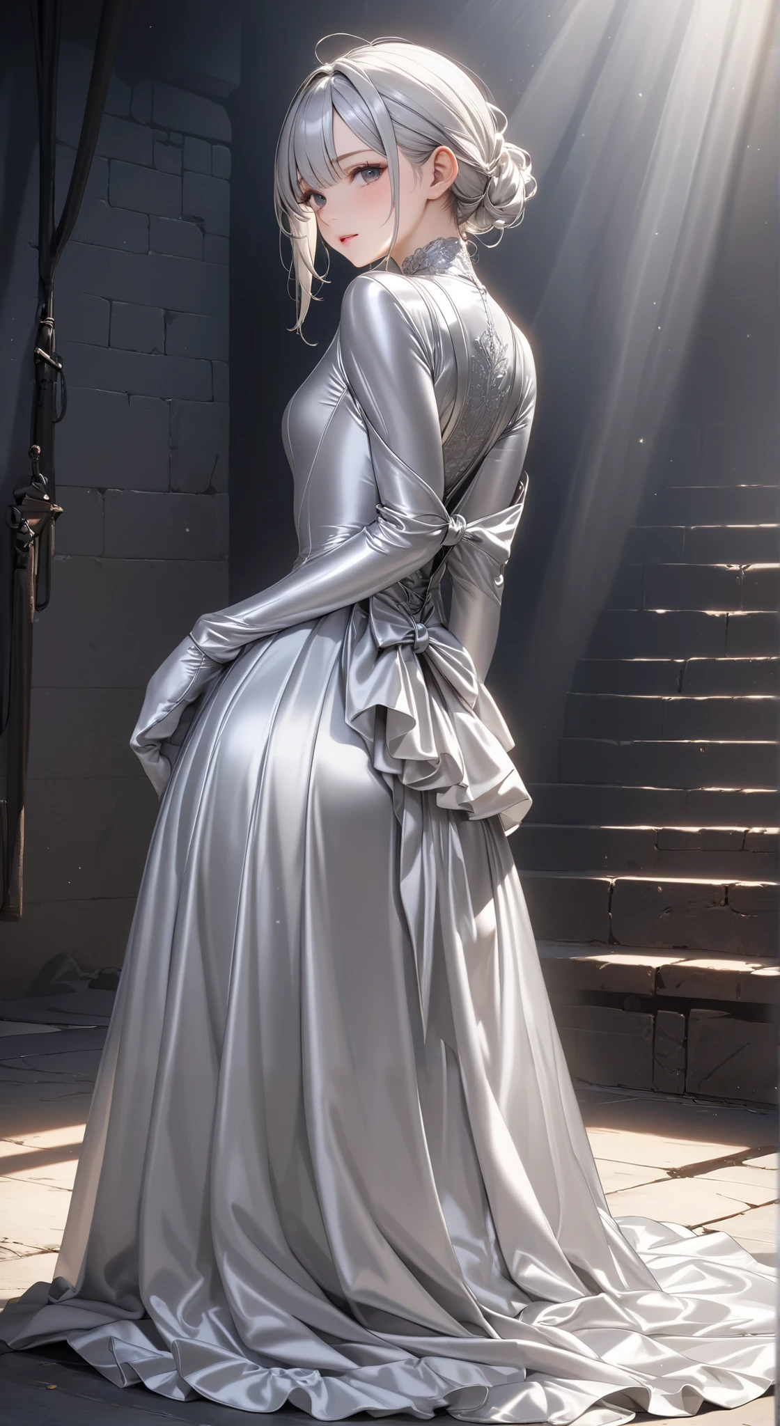 portrait、god々Shining light、( masterpiece, top quality, Ultra High Resolution ),Extremely detailed CG, back of Japanese woman with pale silver hair,(( beautiful face)),(( long sleeve long dress made of pale silver satin))、((The dress has a simple design without embellishments)),Ruffled Skirt、(Well-fitting pale silver satin bodysuit )、pale silver satin gloves, kneeling in a dungeon