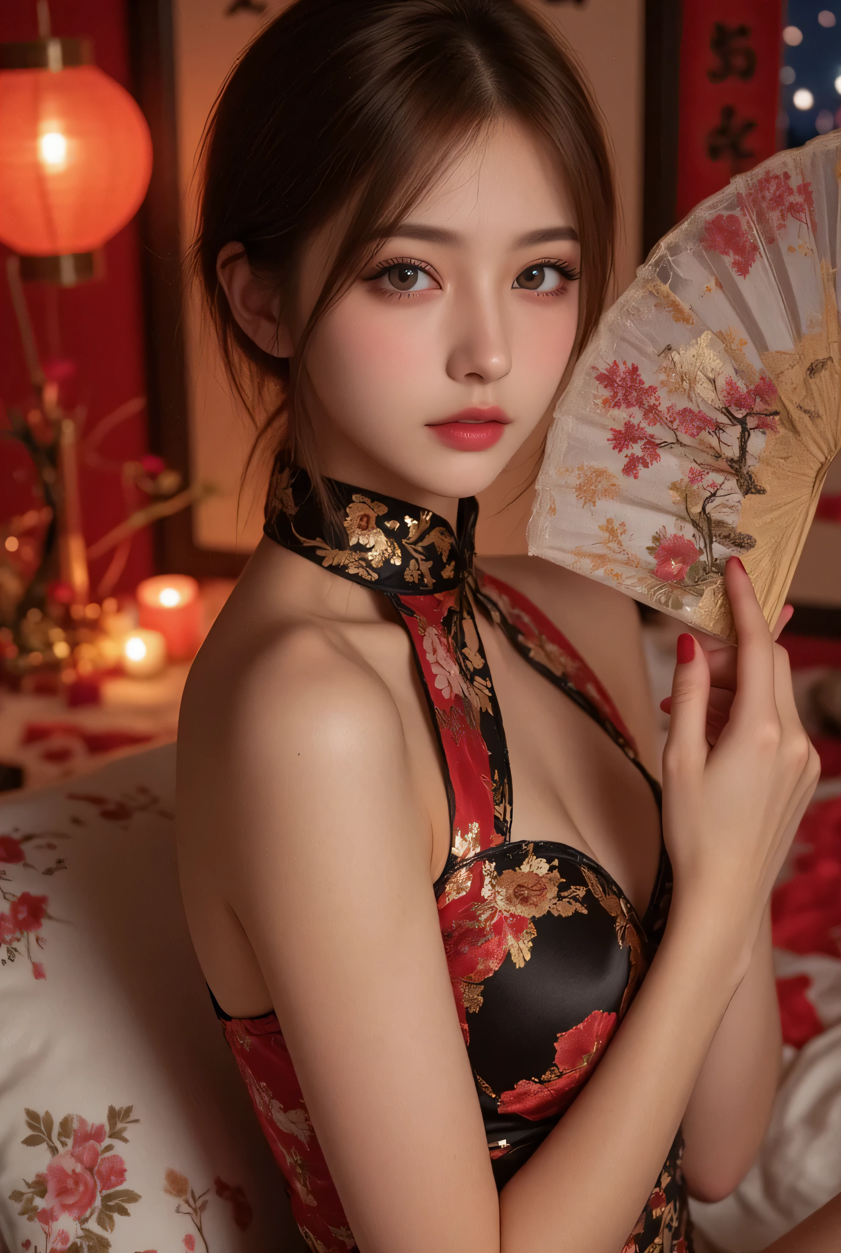 Cat ears、 face up, attractive, pretty girl, ponytail、 (( fine facial features , eroticism)), dramatic lighting , realistic , 8k, Dramatic Shadows , intricate and elaborate patterns , super detailed photo , chiaroscuro lighting , Pleasant colors , deep contrast , super real 、 pink lipstick、 warm room、Vintage Fireplace 、 cinematic composition、Close-up of face, pretty half part transparent open shoulder loose outfits dress, tang style, A beautiful Korean idol wearing a one piece red- black tightly cheongsam with phoenix and intricate floral golden embroidery, golden and silver outline on dress, hand hold pink feathers transparent Chinese fan with golden ink painting of bird and tree , standing gracefully in a room filled with traditional Chinese New Year decorations. The room features vibrant red lanterns, decorative calligraphy scrolls, a small Chinese orange tree with golden ornaments, and several red envelopes scattered across the floor and hanging from the tree. Adorable, playful cats are part of the scene—some sitting near the tree, others curiously pawing at the red envelopes or lounging around. Through a window or an open door in the background, vibrant Chinese fireworks light up the night sky in an array of reds, golds, and blues, casting a magical glow into the room. The idol’s outfit is paired with subtle accessories like red hairpins or earrings, complementing the festive look. The atmosphere is warm and lively, filled with the joyful essence of the celebration, enhanced by the shimmering lights of the fireworks and the lively decor.
