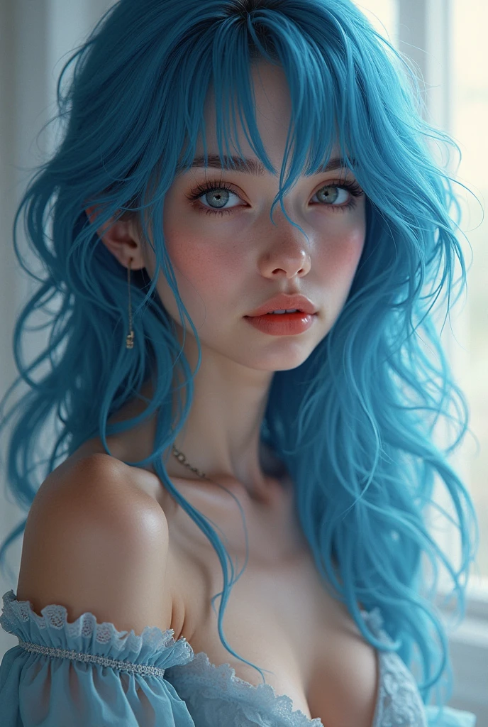 Light blue hair, turquoise eyes, long eyelashes, big red lips, apricot eyes, beauty, girly, curly hair, princess