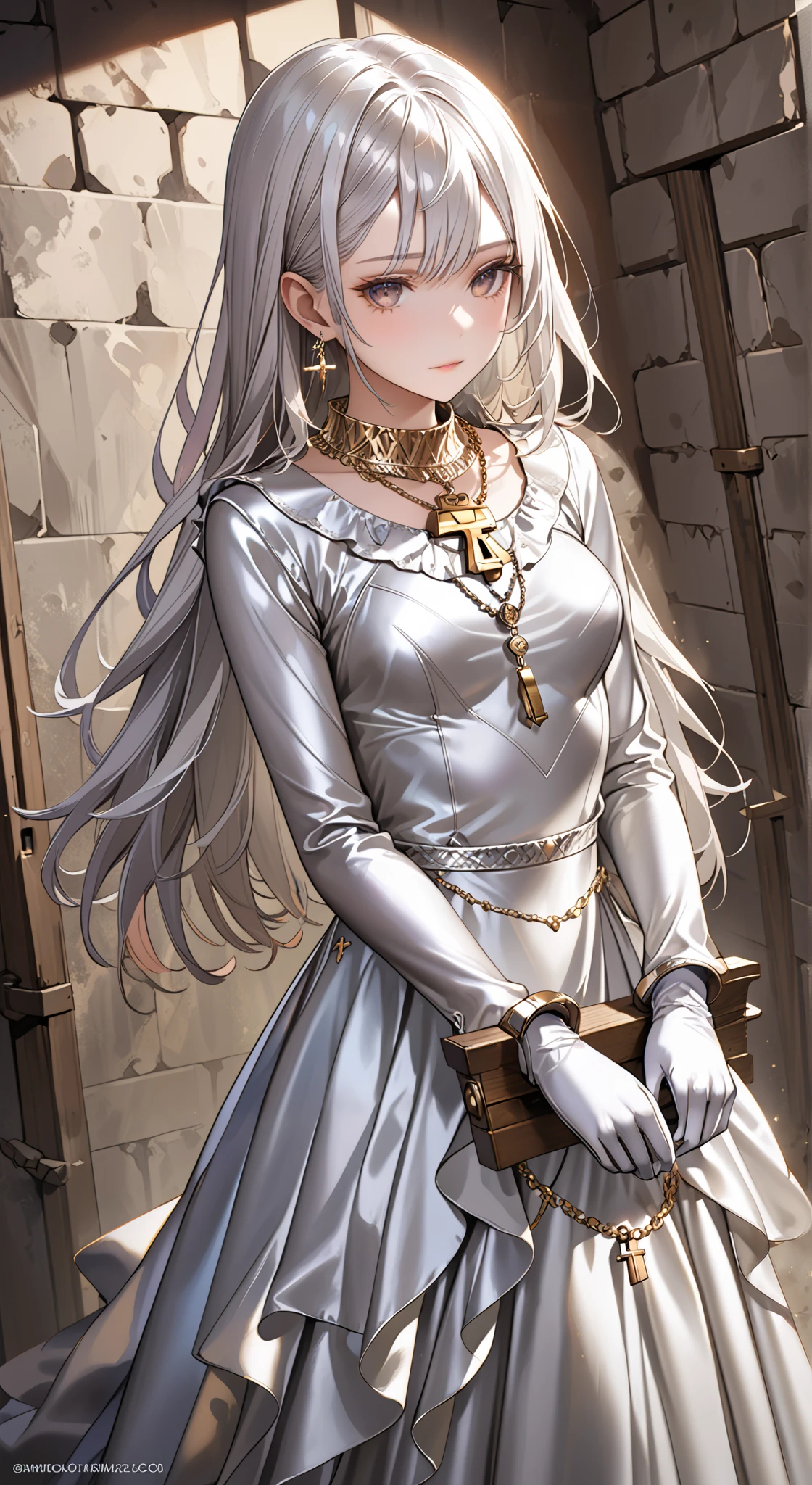 portrait、god々Shining light、( masterpiece, top quality, Ultra High Resolution ),Extremely detailed CG, Japanese woman with pale silver hair,(( beautiful face)),(( long sleeve long dress made of pale silver satin))、((The dress has a simple design without embellishments)),Ruffled Skirt、(Well-fitting pale silver satin bodysuit )、pale silver satin gloves, (wearing a simple key on a golden necklace ), standing in a dungeon cell