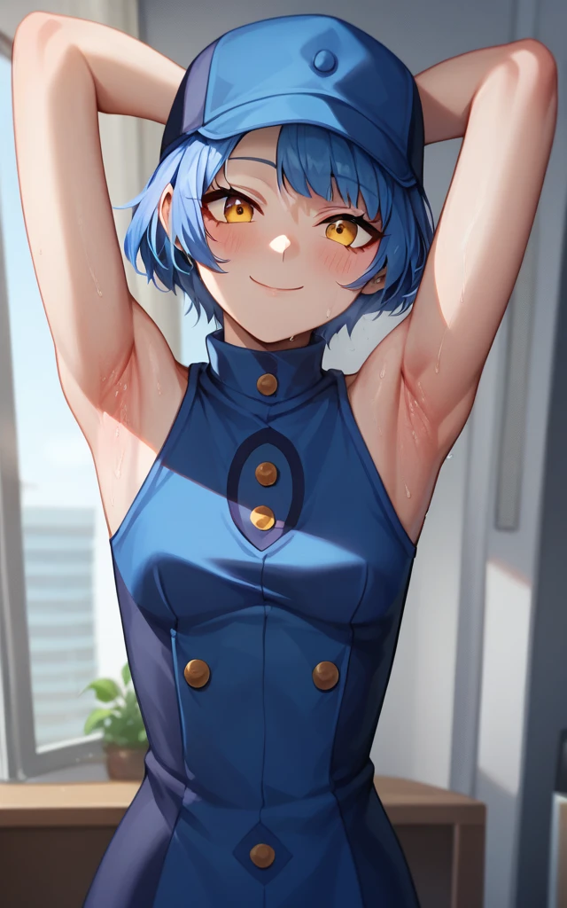 masterpiece , best quality, highres , sarah Miller ,12 years old , 1girl, (Cammy white ) , blonde hair ,smug smile , beret, ( Head Outfit:1.3), blue eyes, scar on cheek, green leotard, flat chest , sleeveless, red gloves, gloves , Standing, sexy , background murro