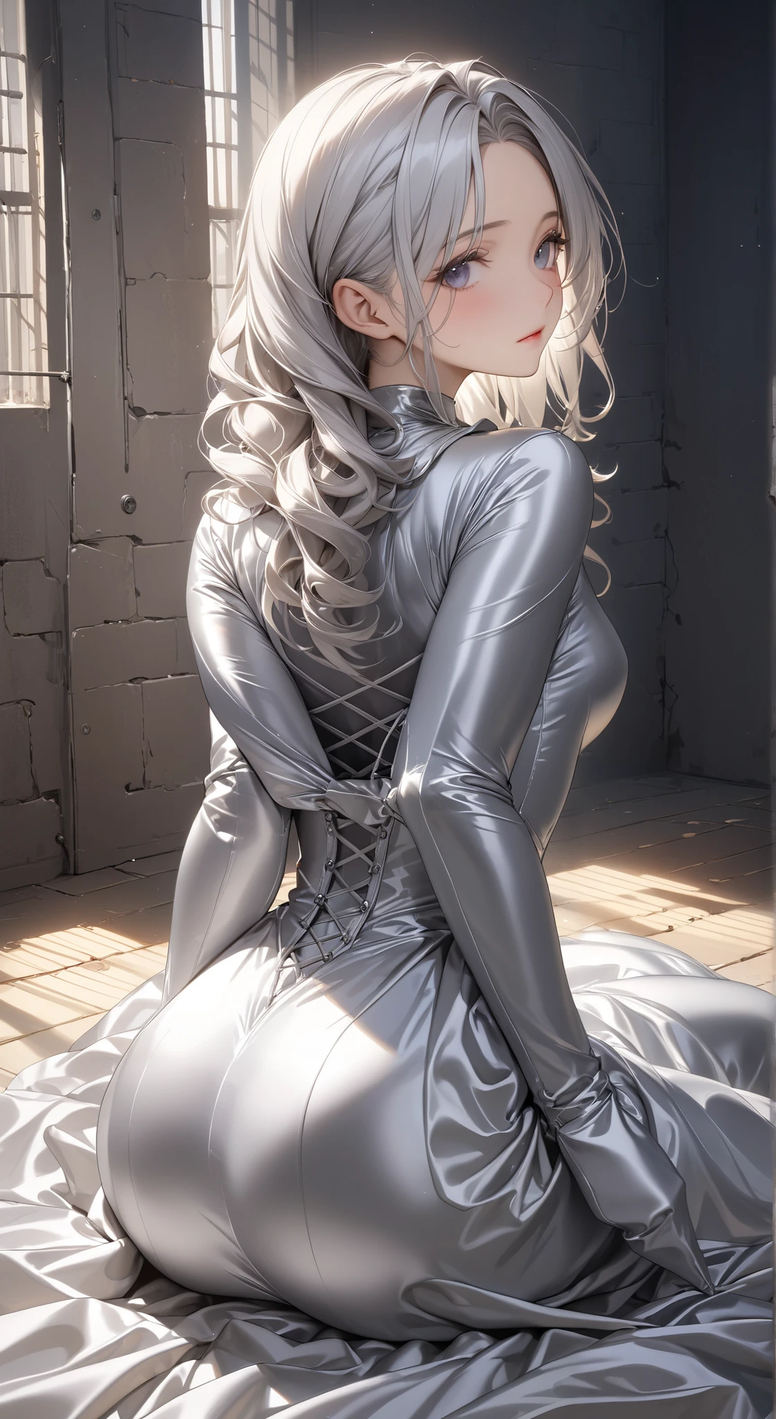 portrait、god々Shining light、( masterpiece, top quality, Ultra High Resolution ),Extremely detailed CG, back of Japanese woman with pale silver hair,(( beautiful face)),(( long sleeve long dress made of pale silver satin))、((The dress has a simple design without embellishments)),Ruffled Skirt、(Well-fitting pale silver satin bodysuit )、pale silver satin gloves, kneeling in a prison cell