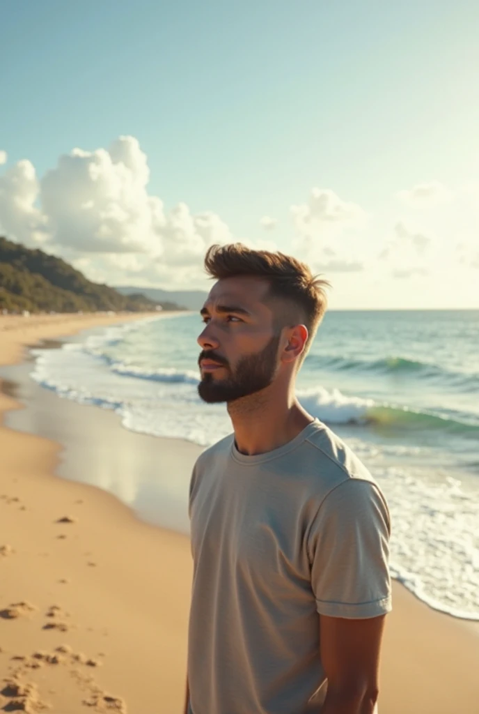 a 39-year-old white man, model type with dark hair, without beard, clear eyes,, shirt, calcao, sitting on the beach in the Algarve watching a man running in the distance