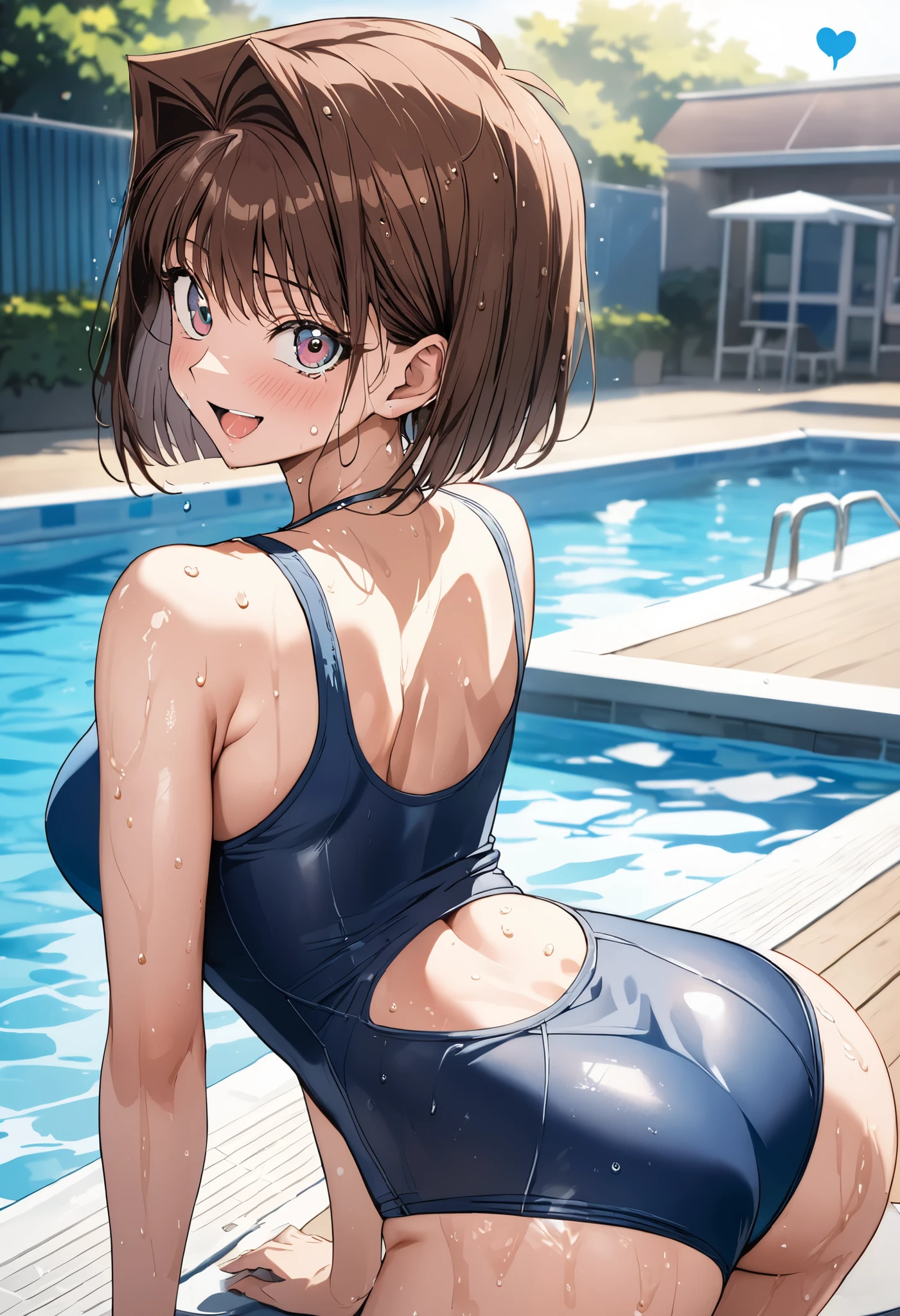 super creek \(umamusume\)、Close-up of the butt looking up from below、Get wet all over 1.5.Realistic、squat butt emphasis、 girl、wearing a blue swimsuit,smile,cleavage emphasis,face reality,lips are a little red,cheeks are a little red,Sexy,pool