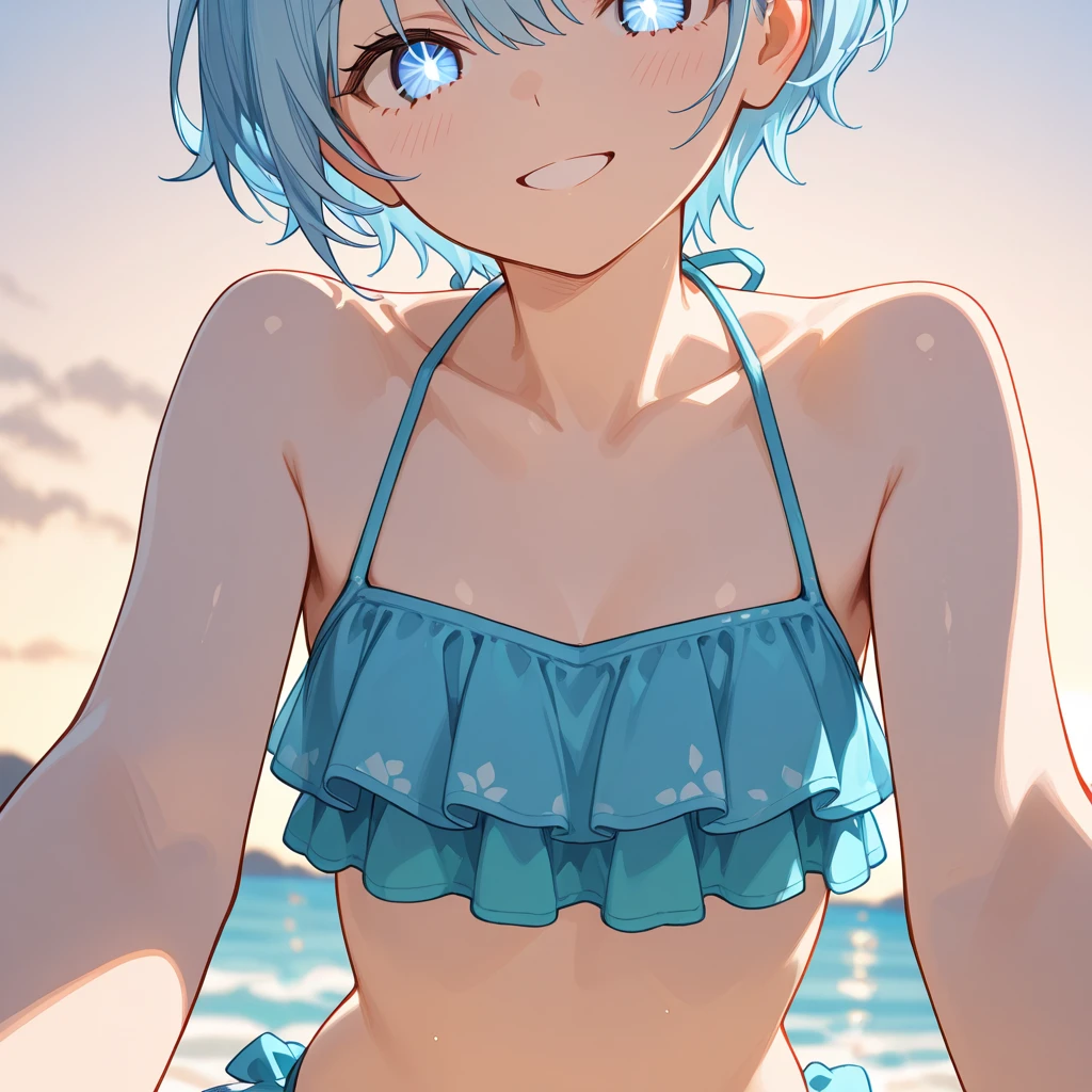 underwear、最high quality,very detailed,high quality,very detailed,masterpiece,super fine,ultra high resolution,超high quality,super delicate face,surreal,(1 person:1.2)、woman、(:1.5)、sky blue hair color、(Cute sky blue eyes)、(short:1.3)、flat chest 、 body shape、(twin drill hair:1.2)、Vast earth background