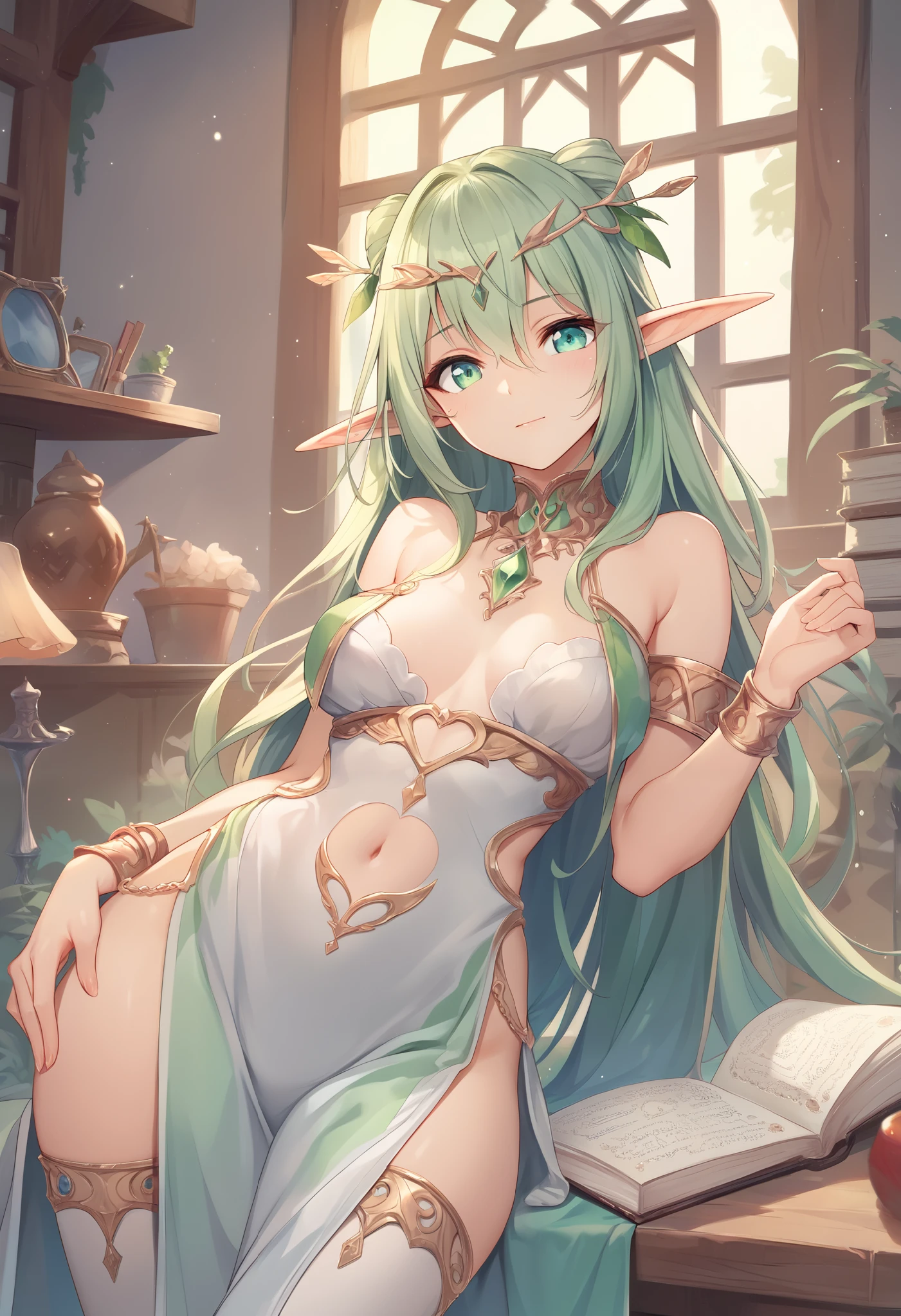 ((best quality)), ((masterpiece)), (detailed), 4k, green skin, pointy ears, goblin girl, cute, innocent, naive, absurdres, soft skin, wearing leaf bikini, holding a large present, surprised expression, receiving a gift, holding a large birthday present, looking at present in hands, has a birthday present in her hands, medium breasts, has a birthday present in her hands, happy, long messy green hair