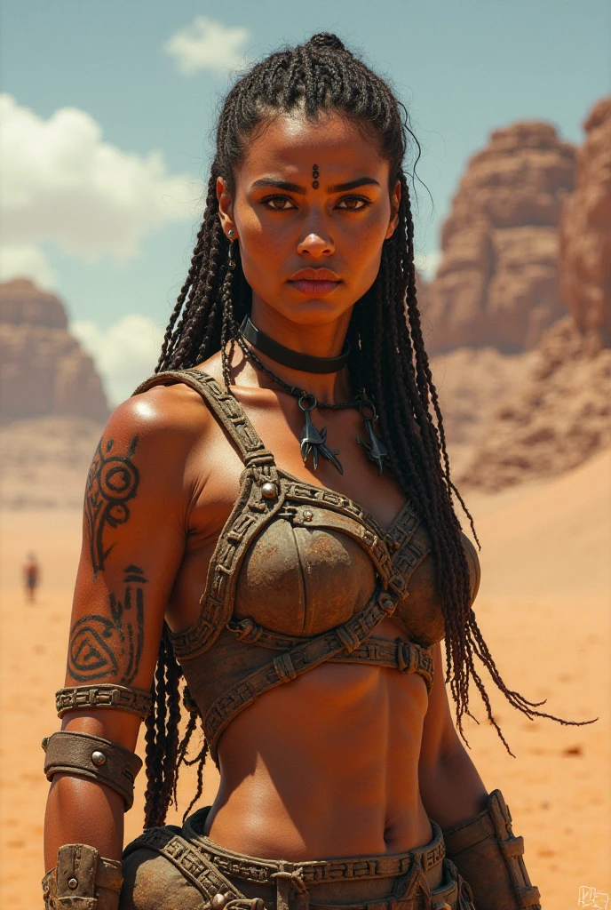 (((Simon Bisley))), (((Frank Frazetta))), (((disparate))), (((best quality))), (((master part))), (((back to back) )), (((Bunda Perfeita e Muscular)), Mulher musculosa asteca voluptuosa de 35 anos, Pre-Columbian warrior, pintura de corpo de guerra, Perfect proportion body, Dark-skinned indigenous warrior wearing few clothes and many necklaces and body adornments, cabelos longos e lisos, Tiny thong made of jaguar skin, holding a saddlebag and walking among Aztec pyramids, cadeias de montanhas ao fundo, muito quente, She is sweaty and her black skin glows under the scorching sun, coarse armor on her left arm
