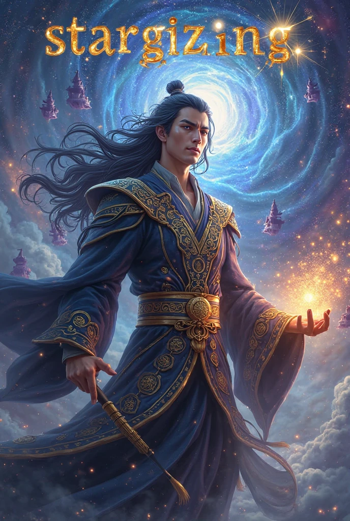 An epic clash between divine beings. The sky showcases extravagant shades of violet, pink, and gold against the backdrop of stars and galaxies. One fierce deity, an East Asian male with burning eyes and white attire, summons lightning, illuminating the battlefield. The other entity, a Middle Eastern female exhibiting serene calm, clad in a flowing green robe, wields a tome radiating ethereal light. Above, cosmic dragons twist and coil, their scales shimmering with stardust as they roar in anticipation. Below, an earth transformed by the battle displays crumbled mountains, roaring oceans, and forests set alight.
