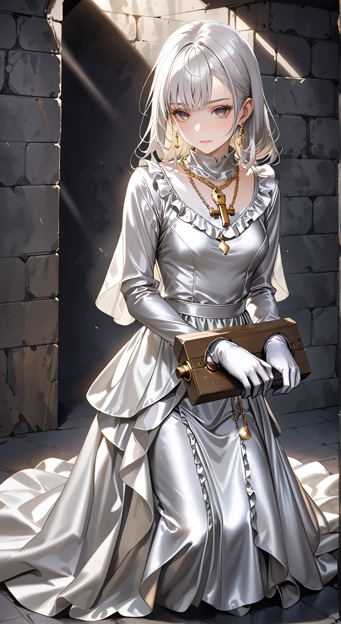 portrait、god々Shining light、( masterpiece, top quality, Ultra High Resolution ),Extremely detailed CG, Japanese woman with pale silver hair,(( beautiful face)),(( long sleeve long dress made of pale silver satin))、((The dress has a simple design without embellishments)),Ruffled Skirt、(Well-fitting pale silver satin bodysuit )、pale silver satin gloves, (wearing a simple key on a golden necklace ), kneeling in a dungeon cell