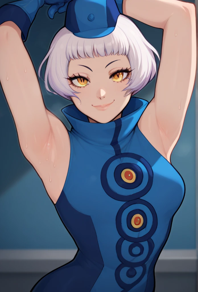 ((best quality)),((highly detailed)),masterpiece,absurdres,detailed face,beautiful face,(detailed eyes, deep eyes),1girl,((dynamic pose)), elizabeth, short hair, solo, bow, large breasts, cowboy shot, chinese town, outdoors, seductive smile, looking at viewer, wearing blue outfit, wearing hat, put your hands behind your head, armpits, armpits visible, sweaty armpits