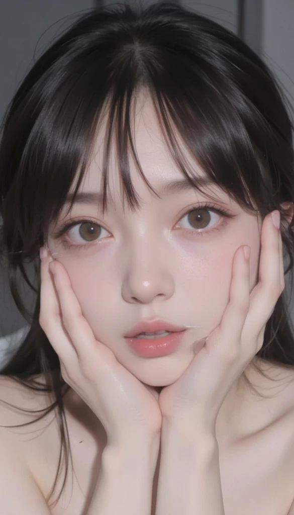 ((Highest quality)), ((masterpiece)), (detailed),nsfw,Perfect Face, she is flat ,10 years old, small girl, slim, Black Bob, ((Narrow eyes)), Japanese, forehead, ((Frightened expression)), (crying), ((Dimly lit room)), choker, ahegao, looking at viewer, looking up,((single eyelid)), ( leaning forward, front face, close up, kneeling), Pink nipples,Vulgarity, Obedience,To flatter