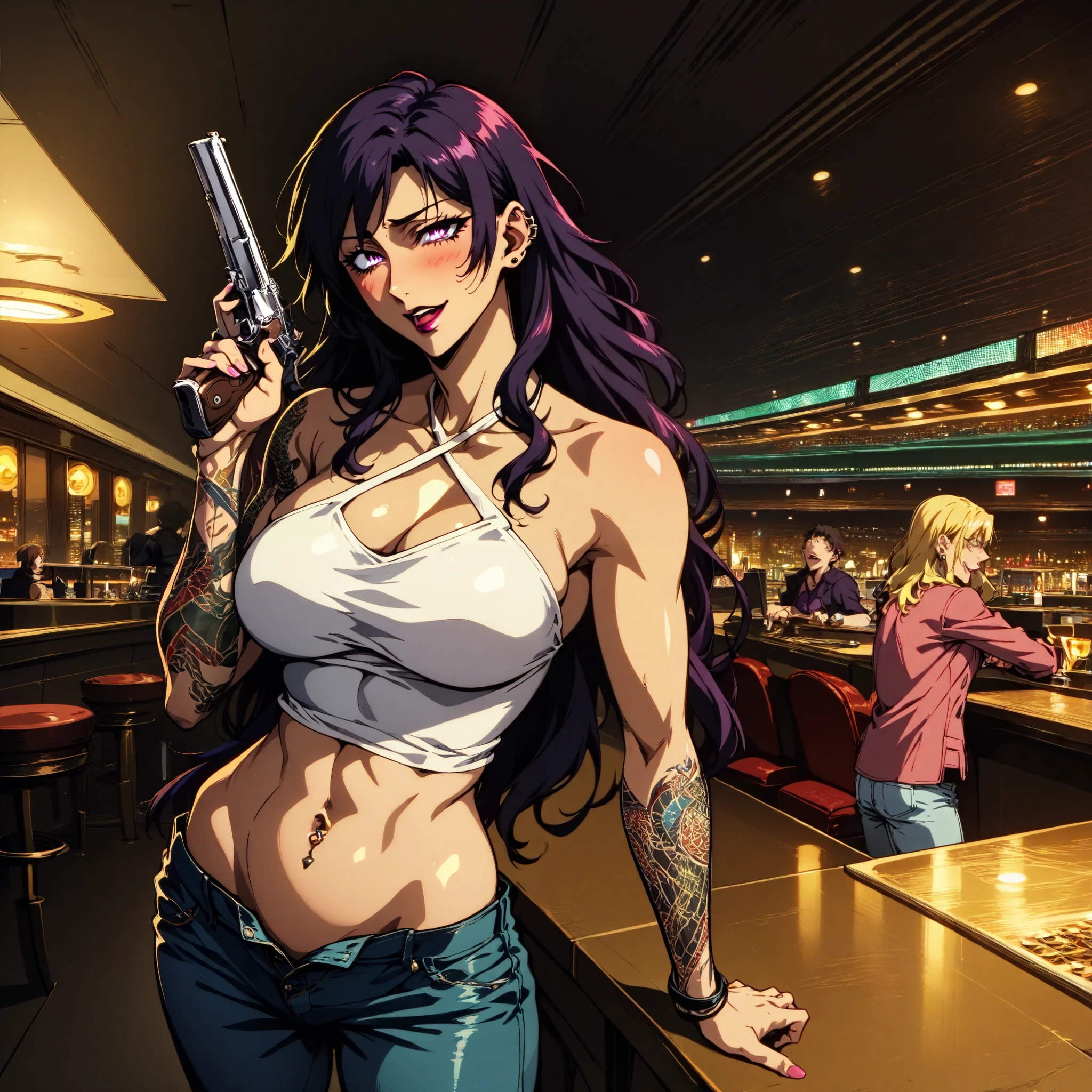 masterpiece,best quality,amazing quality,very aesthetic,absurdres,newest, medium large breast,
2girl, two girls, hunt3rd, , ear piercing, long hair, blush, lipstick,Hot girl, baddie, smoking, sensual, attractive ,bar background, inside bar,indoors, cityscape, casino, nightclub, city lights, masterpiece,high
quality,4k,belly,,holding pistol,cleavage, unbuttoned shirt, shirt, knot, smile, open mouth,
(nsfw) not safe for work, evil expression,belly, exposed navel, exposed midriff, exposed lower
belly, ,dragon print jacket, unbuttoned jeans , low rise black jeans, Low rise
jeans with open fly, navel piercing, dual wielding, criss-cross halter, dragon tattoo, narrowed eyes, tattoo midriff,