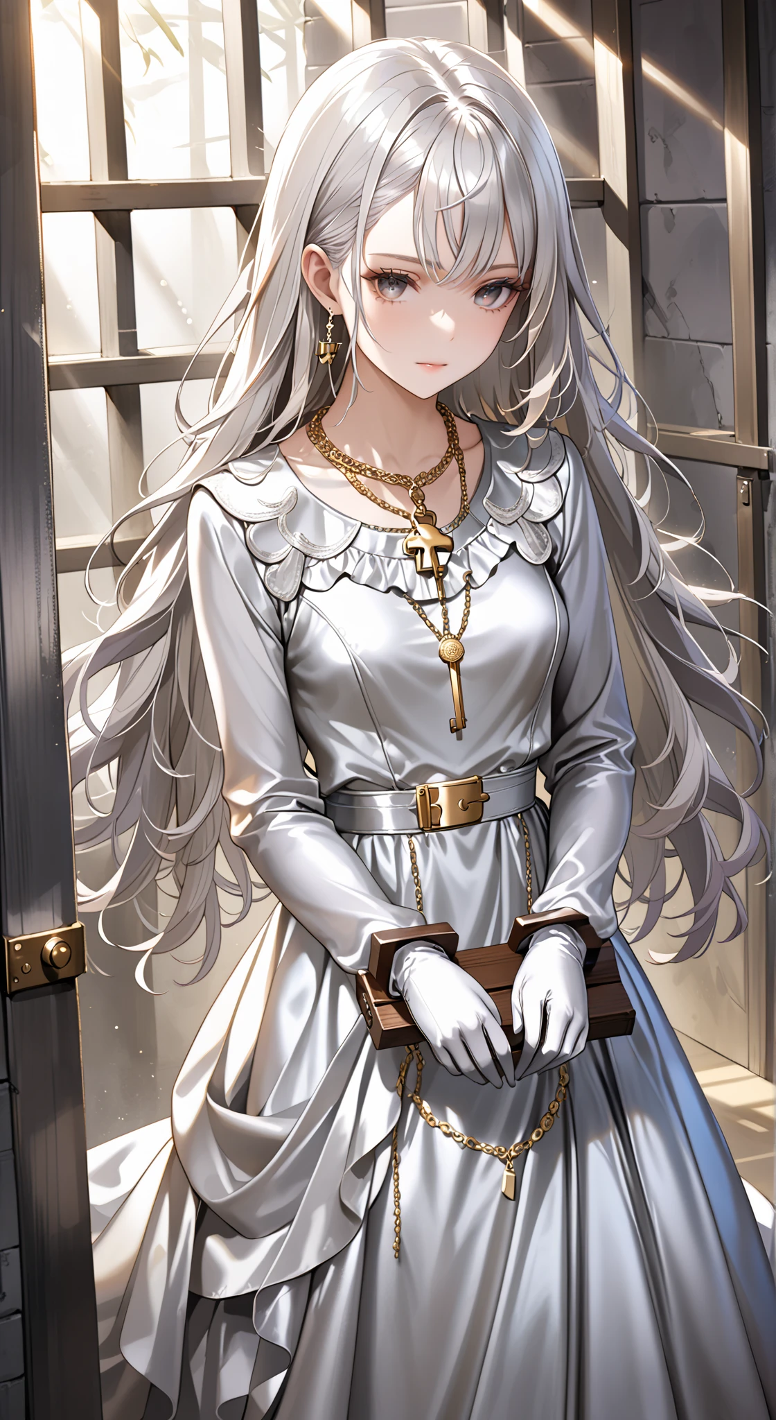 portrait、god々Shining light、( masterpiece, top quality, Ultra High Resolution ),Extremely detailed CG, Japanese woman with pale silver hair,(( beautiful face)),(( long sleeve long dress made of pale silver satin))、((The dress has a simple design without embellishments)),Ruffled Skirt、(Well-fitting pale silver satin bodysuit )、pale silver satin gloves, (wearing a simple key on a golden necklace ), locked in a prison cell