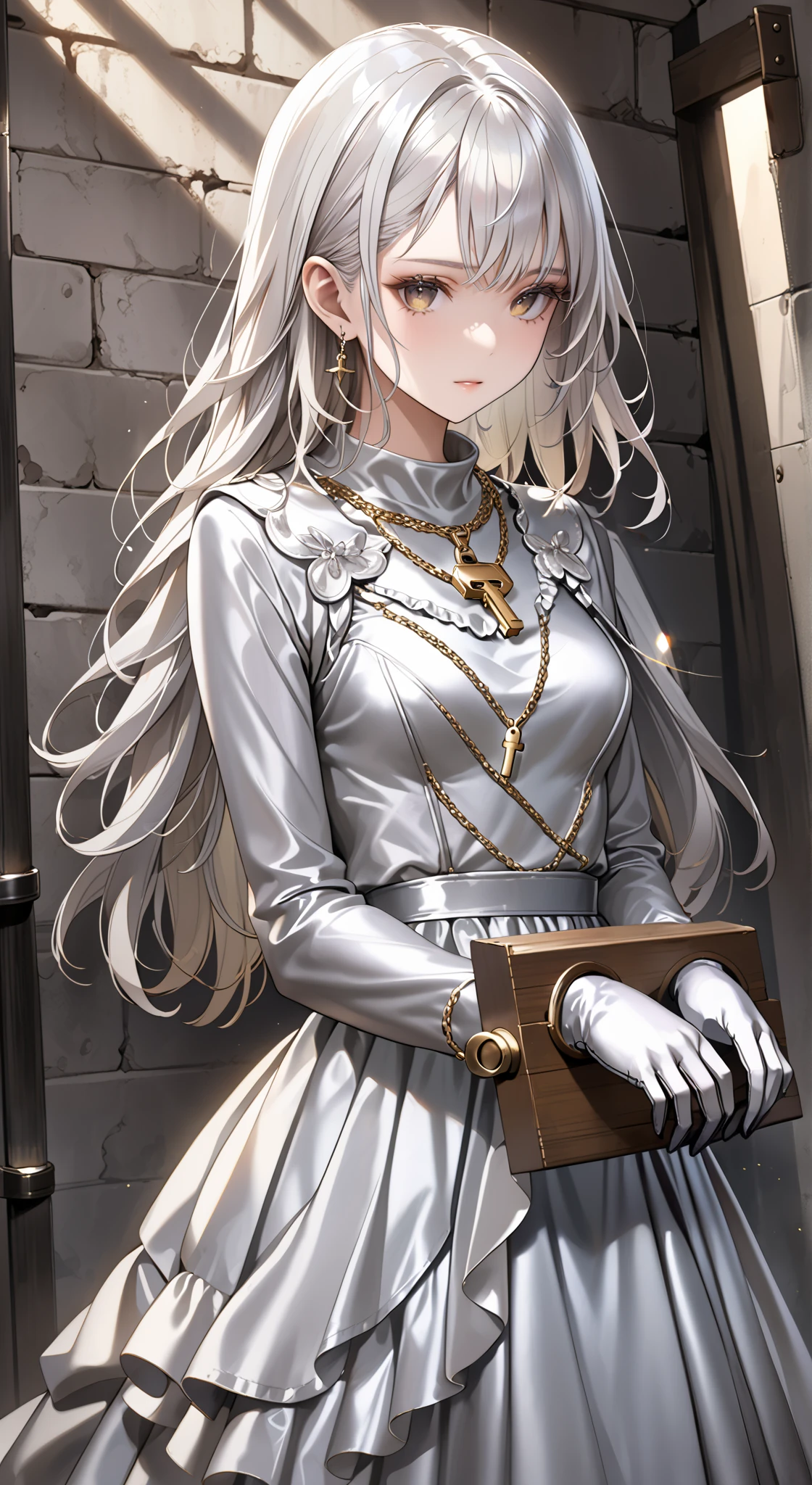 portrait、god々Shining light、( masterpiece, top quality, Ultra High Resolution ),Extremely detailed CG, Japanese woman with pale silver hair,(( beautiful face)),(( long sleeve long dress made of pale silver satin))、((The dress has a simple design without embellishments)),Ruffled Skirt、(Well-fitting pale silver satin bodysuit )、pale silver satin gloves, (wearing a simple key on a golden necklace ), locked in a prison cell