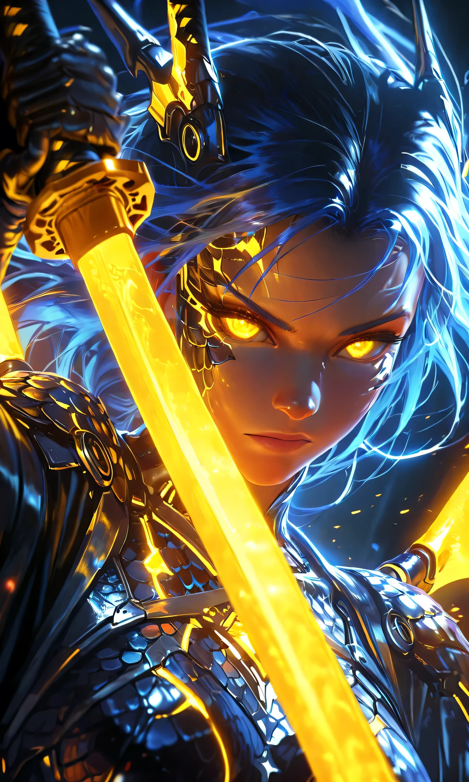 1girl, cybernetic dragon, long blue hair, yellow katana, dramatic dutch angle, detailed portrait, highly realistic, photorealistic, 8K high resolution, physically-based rendering, studio lighting, extreme detailed painting, cinematic, dark moody atmosphere, dramatic lighting, mystical fantasy, intricate metal scales, glowing cybernetic enhancements, sweeping dragon wings, intense action pose