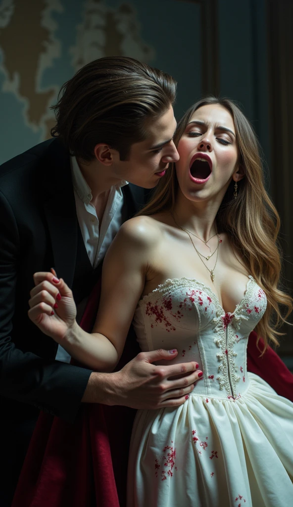 The man in his 50s with black very short hair and smooth face with moustache. The woman in her 50s with brown long wavy hair. In study. Night, dark, dim. The man is wearing unbuttoned light blue shirt. The woman is wearing floral red dress. Doggy sex. The woman is moaning. Orgasm. Passion. Erotic. UHD. HDR. Cinematic. Ultra realistic.