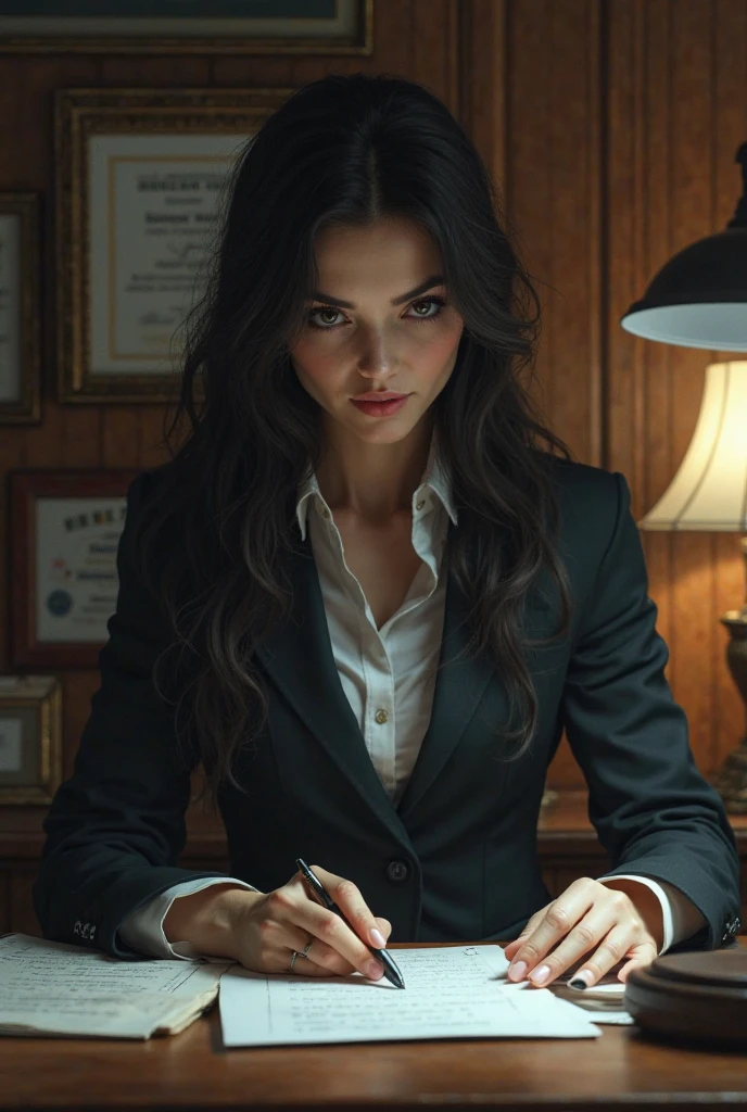 ultra realistic, photography, long black straight hair in a ponytail, elegant hair, (30 years old, hazel eyes, hourglass figure, perfect fit body, natural big breasts), femme fatale, long eyelashes, cat-eye make-up, she is dressed like a NYPD detective, under her trenchcoat her shirt is buttoned up, she has a badge on the trenchcoat, she is wearing elegant pants and high heels, she is at a homicide scene in an apartment, she is kneeling next to puddle of blood on the floor, there is a bloody arm laying on the floor in the puddle, she has a notepad in her hand and is taking notes, she is looking at the notes in her notebook, full body picture, wide angle