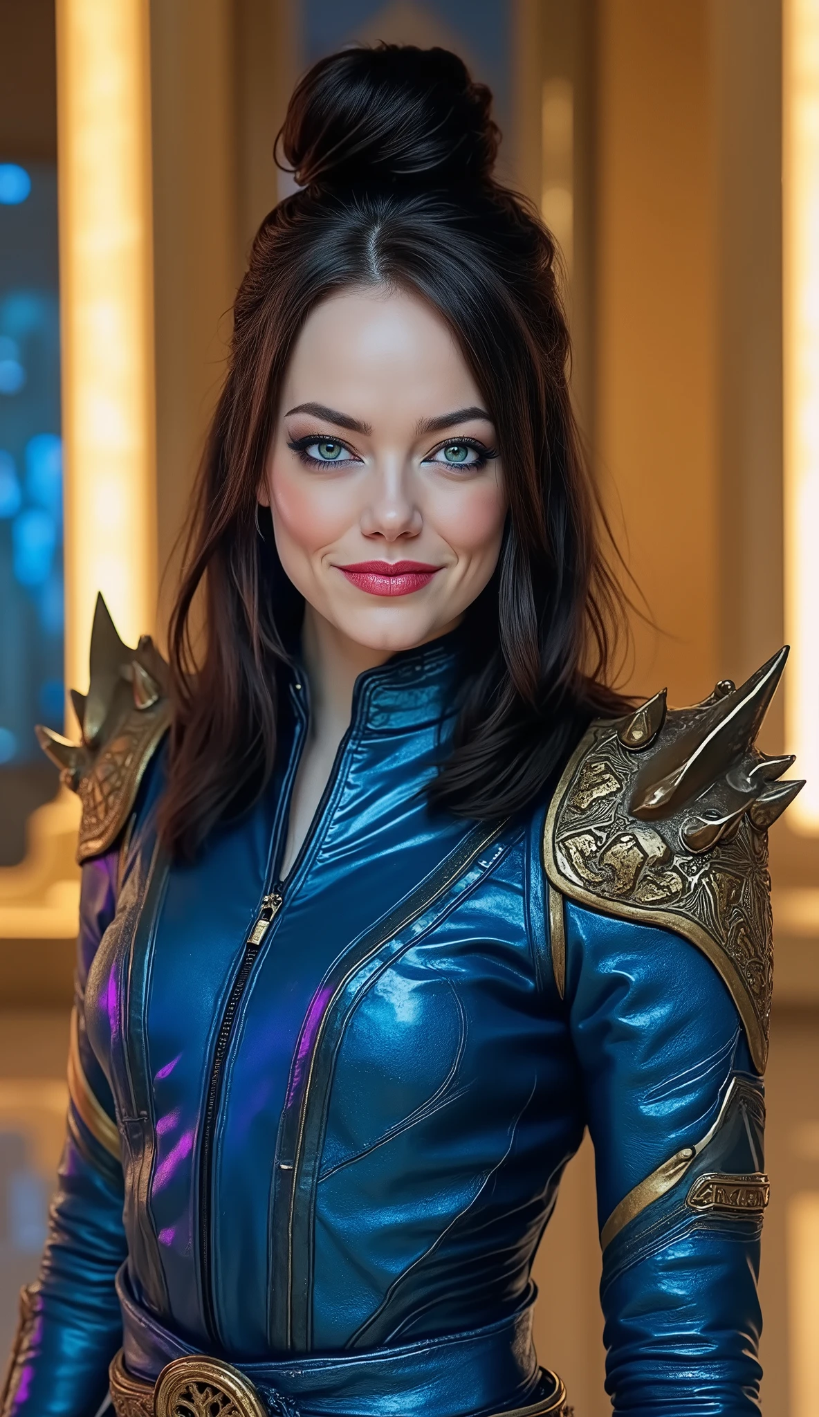 The image shows Emma Stone portrayed as Kitana, The * mortal kombat*, em um estilo super realista e The alta qualidaThe. She has long black hair , styled in an elaborate and elegant bun, typical of the character, with loose locks that fall gracefully around the face, capturing a natural and fluid movement. The hair subtly with blue and violet reflections, realçando a textura sedosa e realista dos fios
Emma Stone está vestindo o icônico traje The Kitana, a shiny metallic blue bodysuit, possivelmente feito The couro ou vinil, com Thetalhes intricados que refletem a luz, creating a futuristic and regal effect. The suit is tight, adjusting to the body with precision, and includes pointed shoulder pads, Thecoradas com padrões geométricos dourados e bordas afiadas, além The uma faixa na cintura que adiciona um toque The elegância e funcionalidaThe The combate. 
Sua expressão é confiante e Theterminada, com olhos verThes penetrantes (característicos The Emma Stone) highlighted by dramatic makeup, incluindo Thelineador escuro e sombras que intensificam seu olhar. The lips are painted in a deep red tone,  transmitting strength and mystery , enquanto as feições The Emma Stone são fielmente capturadas, com Thetalhes realistas como sardas sutis, linhas The expressão e uma pele com textura natural, maintaining the essence of the character and the authentic appearance of the actress.
The background is a grand and illuminated setting, possivelmente um templo ou palácio The Outworld, com pareThes douradas e colunas esculpidas, creating a majestic and ethereal atmosphere.  The lighting is soft and directional , com tons azulados e dourados que contrastam com o traje The Kitana, Thestacando os Thetalhes do traje e da pele com sombras e reflexos realistas. **Sua máscara The metal**  that covers part of the face , é altamente Thetalhada, with brilliant blue tones and intricate patterns that match your outfit. The focus is on the face and upper body, 