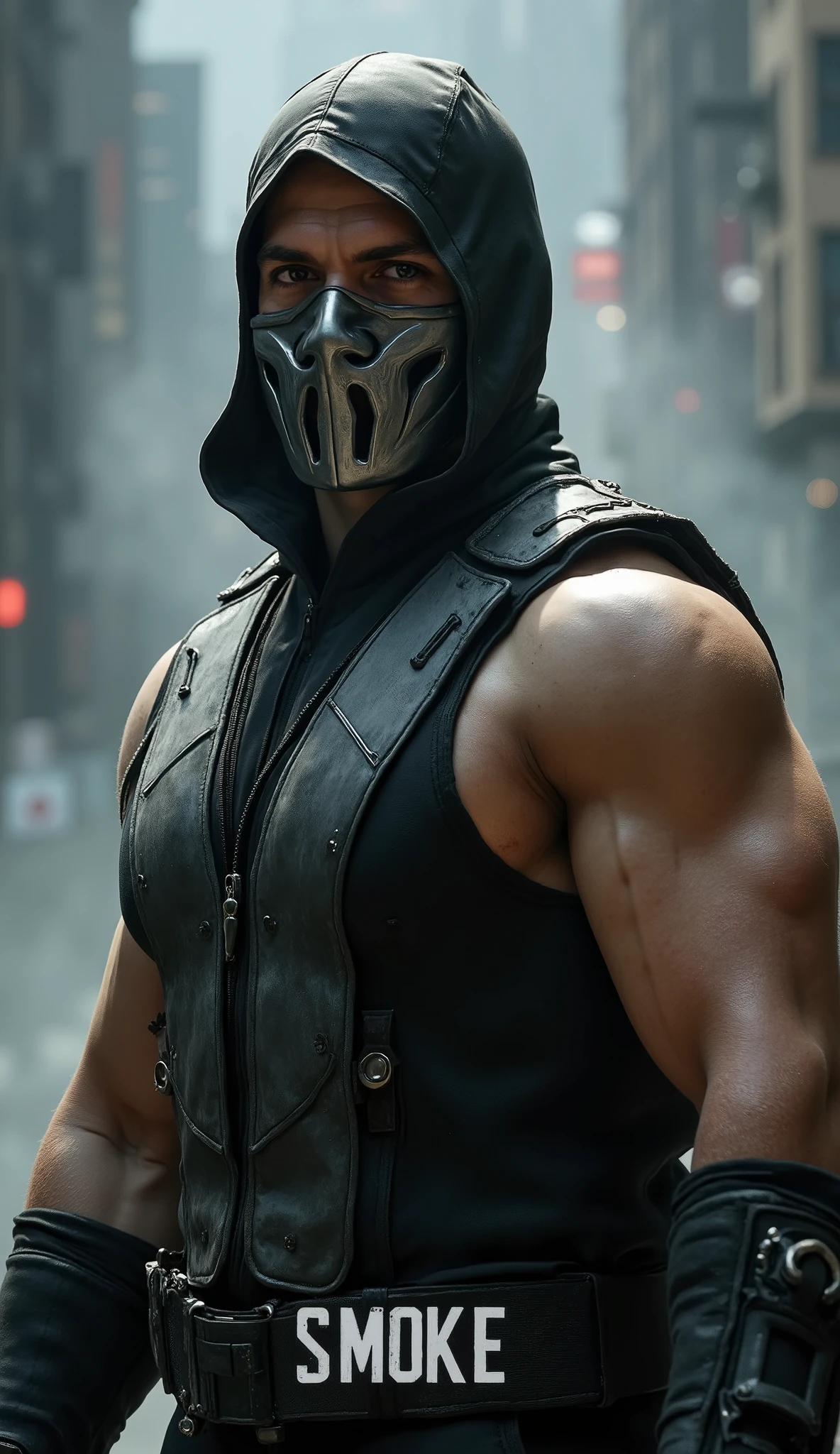 A imagem mostra Henry Cavill retratado As Smoke, a character of * mortal kombat*, focusing on the upper body. He is wearing a realistic silver mask that covers his face, with shiny metallic details and textures that convey a futuristic and ninja look, consistent with the appearance of Smoke. The mask has an elegant design, with eye openings that allow a glimpse of his intense reflection, keeping the mystery and enigmatic aura of character. Henry Cavill is wearing a signature Smoke costume, that includes a black and gray upper part with subtle details, As listras ou padrões que sugerem movimento e fumaça, aligned with the theme of the character. The suit is tight, highlighting the muscles of his torso and arms, Looking at Cavill's physicality and the profile of a skilled warrior. In the lower right corner of the image , there is a text in a simple and readable font, possibly the name "Smoke" or a short phrase related to the character, As " mortal kombat", in black or white to contrast with the background. The background is neutral and dark, with shades of gray and black that evoke smoke or mist, reforçando a identidade de Smoke As um ninja espectral. The lighting is soft, with subtle reflections on the silver mask, creating a realistic and high-quality effect, highlighting the details of the costume and expression of the character. Henry Cavill's pose is confident and dynamic, with slightly slanted shoulders, suggesting readiness for combat . In the background a hyper-realistic city