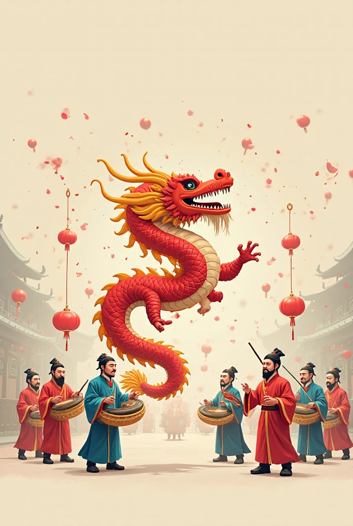 Chinese dragon dance, A beautiful artistic illustration, Celebrate Chinese New Year, 8K cartoon illustration, god of wealth, rich and colorful, happy, 9K