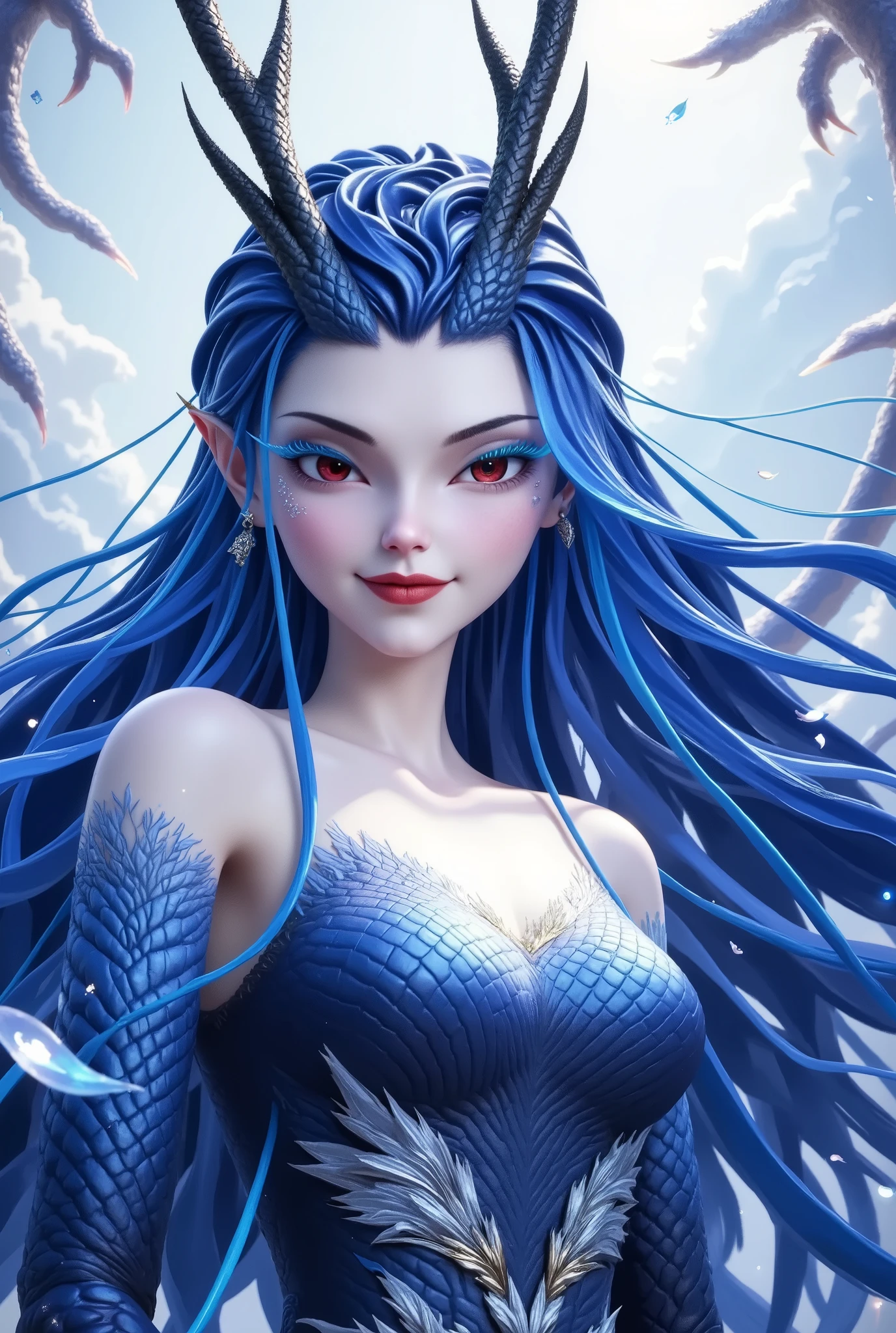 noble and elegant Dragon Princess, She will freeze magic , red eyes,Blue eyelashes,Dragon Horn。 I prefer blue clothes 。Dragon in the air。crystal darts,Glowing example , ray tracing,Motion Capture 。 Disney-style ,ig model,Blue Elf, detailed fantasy art , Fantasy Art Style, detailed and gorgeous digital art