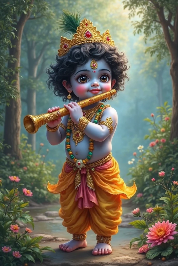 Little bal gopal age of  6months in green and maroon cloths, flute in the hand, peacock feather in head, eating butter from handi with white background