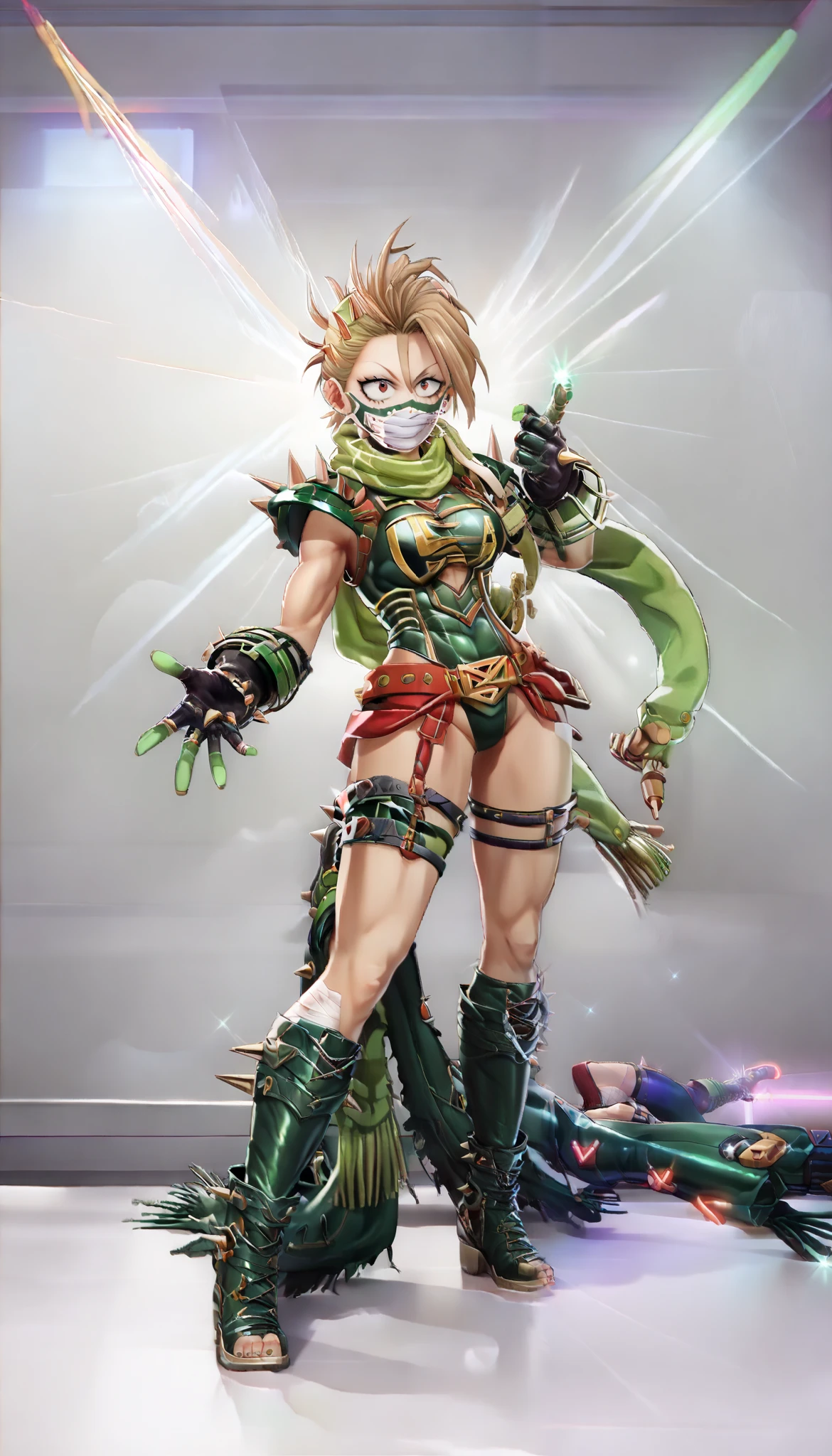 ((My Hero Academia Style)), (Kimura Natsuki), The Idolmaster Cinderella Girls, (1girl) (solo), (female), (Neon Green shiny hair), Dark Green leather gloves, Dark Green leather bandage mask, armor, boots, neon Green scarf, (Long scarf with 2 spiked rings at the end), Neon Green bandage leather leotard, clothing cutout, Dark Green thigh strap, Neon Green toeless leather bandage legwear with spikes, Neon Green shoulder armor with spikes, (very proportion), (dynamic action pose), (full body photo:1.5), (perfect anatomy), (Perfect Hands), (Perfect face), (medium breasts), (toned hips), (toned thighs), (slender waist), (toned calves), (Simple background), (super detailed),