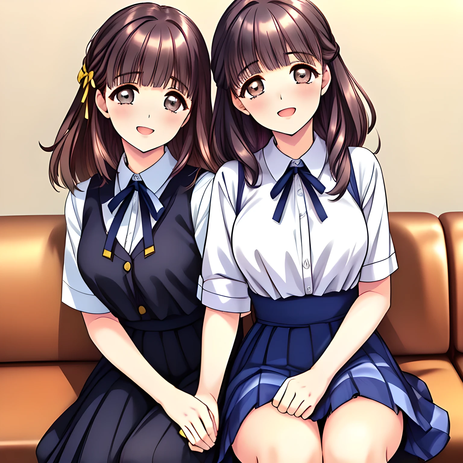 (highest quality, masterpiece:1.2), highest quality, High resolution, 1080p, 8K, (Two beautiful pretty friends of (love-story comic heroines) are seated in a train cabin, hypnotizing me by their neat beauty, ((laughing at me)), ((((girl's love-story comic heroines)))), (intelligent and perfectly balanced slender style), feeling too funny, amazingly neat & clean, in peace and neat lovely strong charm, cutely tilted head, 8), (Too noble beautiful lady like a love-story comic heroine), (laughing like watching a comedy), A very lovely, very noble, pretty and pure beautiful girls. ((neat innocent ears)), ((white grown face)), Using expensive whitening cosmetics by cosmetics artist: 1.2), Glossy lips, (curled) bangs, (Too beautiful blue fascinating shiny (double-lidded) (brown eyes) with love to the viewer, ((deep upper girly eyelid)), ((huge eye pupils)), laughing with detailed clearly: 1.5), (Dark blue vest school uniform, (Neat smart (white school frilled blouse))): 1.8), (A very neat, ((realistic), (dark-blue) pleated blue school (beautifully checkered) skirt): 1.6), (too pretty shiny big (red realistic school ribbon tie)): 1.5), (Shiny love-story heroine lips, extremely laughing open mouth: 1.0), ((amazingly beautiful black bobbed wavy hair is blowing in the wind: 1.5)), (Hair Ribbon ties (black hair), The ribbon is big and very pretty), (Tight waist, slender: 1.5), (The background is (plain black space) to emphasize their fascination: 1.8), (The lady knows well about the viewer's super fetishism for school uniforms, and satisfies it completely in the viewer's lewd dream: 1.7), (Gorgeous atmosphere In a train limited for beautiful girls bound for girl's school directly early in the morning: 1.5), (Everything is organized to have strong effect of hypnosis for the viewer to fall into happy dream with many beautiful girls: 1.5), (The viewer must be transferred to the world of only beautiful girls right now when he sees the eyes of girls in this picture: 2)