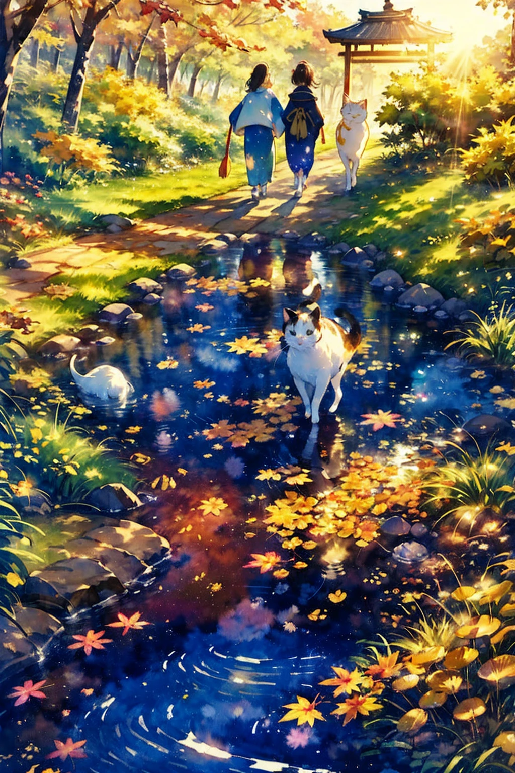 (masterpiece),( best quality),(  very well detailed),(   tamago cloth ),(( line art )),((watercolor)),16k,   wallpaper,三毛猫の  very well detailedな絵、 Crazy Details  ， very well detailed猫，  my house where calico cats walk around  ，Walking the promenade三毛猫マンチカン，Autumn in old Japanese towns、Walking the promenade，  Fallen Leaves for Vaginal Discharge ， sunlight filtering through the trees，another world、The creation of silence、 long hit 、 targets are small 、