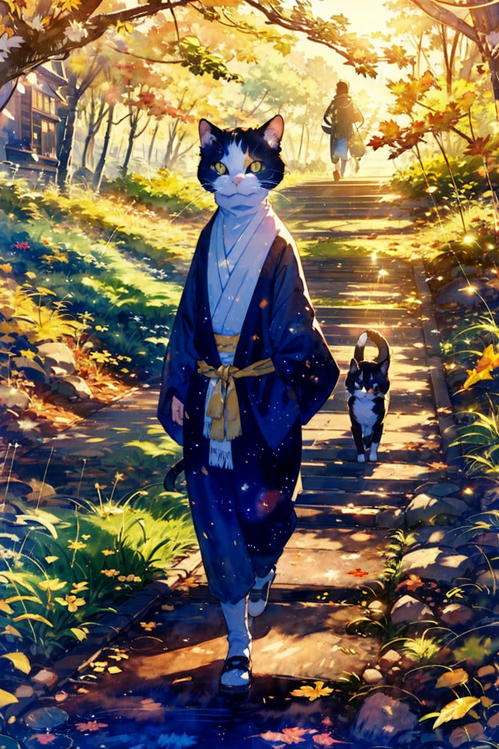 (masterpiece),( best quality),(  very well detailed),(   tamago cloth ),(( line art )),((watercolor)),16k,   wallpaper,三毛猫の  very well detailedな絵、 Crazy Details  ， very well detailed猫，  my house where calico cats walk around  ，Walking the promenade三毛猫マンチカン，Autumn in old Japanese towns、Walking the promenade，  Fallen Leaves for Vaginal Discharge ， sunlight filtering through the trees，another world、The creation of silence、 long hit 、 targets are small 、