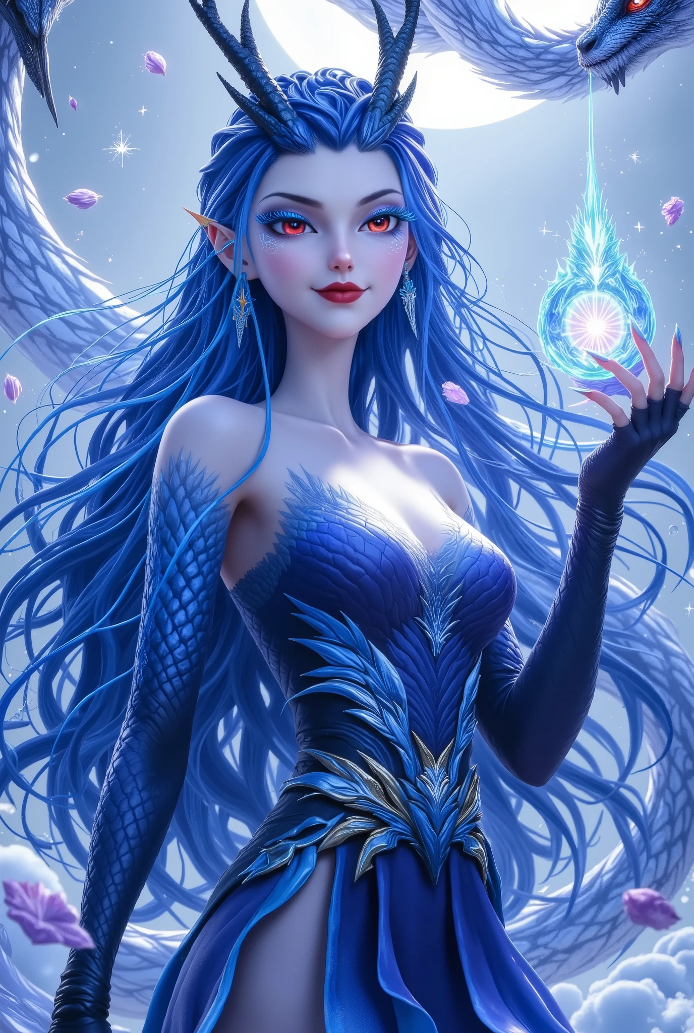 noble and elegant Dragon Princess, She will freeze magic , red eyes,Blue eyelashes,Dragon Horn。 I prefer blue clothes 。Dragon in the air。crystal darts,Glowing example , ray tracing,Motion Capture 。 Disney-style ,ig model,Blue Elf, detailed fantasy art , Fantasy Art Style, detailed and gorgeous digital art