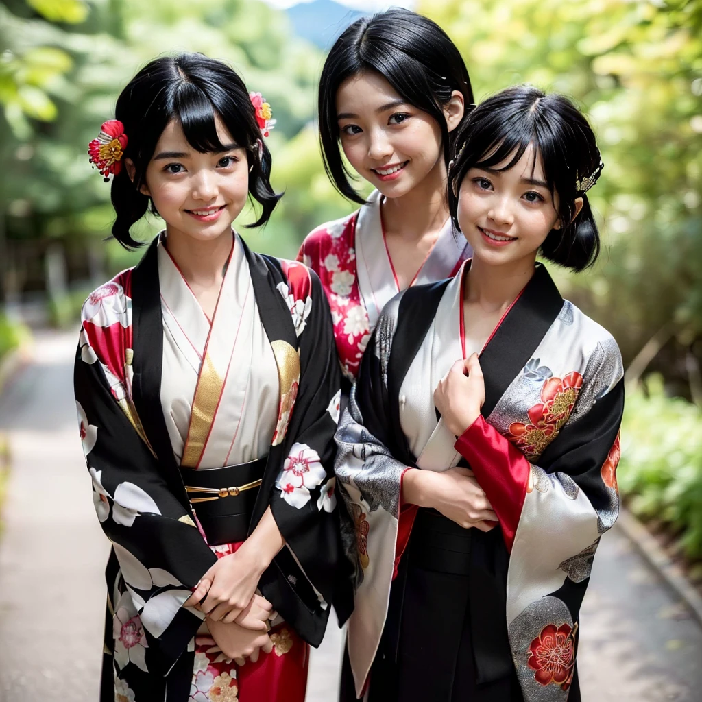 In a dimly lit theater, a central figure dressed in an elaborate, traditional Japanese kimono stands poised with dramatic face paint and an intricate headpiece adorned with delicate ornaments. Surrounding this central figure are six individuals wearing identical kimonos and white masks with exaggerated, smiling expressions. They are captured in mid-motion, suggesting a synchronized dance or ritual. Behind them, eerie masks with similar smiling faces hang from the walls, contributing to the surreal and slightly ominous atmosphere of the scene. The overall mood is mysterious and theatrical, blending elements of traditional Japanese culture with a hint of the supernatural.
