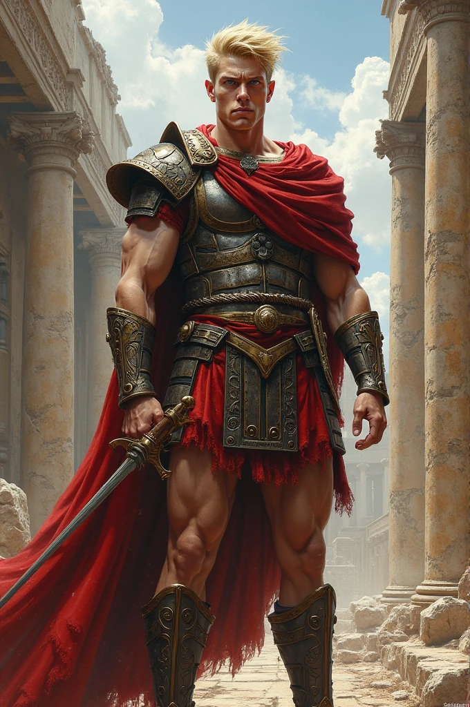 a shirtless man in gladia holding a sword and a helmet, in billy herrington body, roman gladiator, attractive beefy male with armor, dressed in roman armour, William Glen Harold Herrington, gladiator, rpg, roleplaying game art, fantasy rpg, dnd art, high quality dnd illustration, dungeons and dragons fantasy art, dungeons and dragons artwork, dragonlance illustration, d&d artwork, dungeons and dragons art, d & d digital painting, rpg illustration, more body