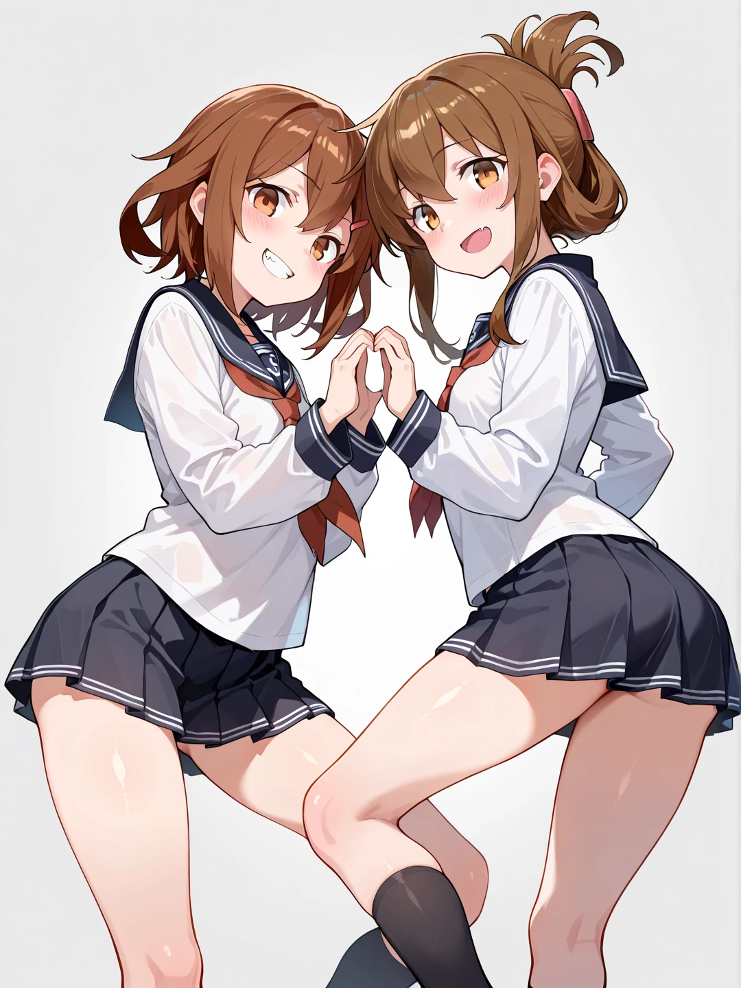 long hair, looking at viewer, blush, smile, open mouth, multiple girls, skirt, brown hair, shirt, long sleeves, 2girls, hair between eyes, brown eyes, , yellow eyes, white shirt, pleated skirt, serafuku, socks, indoors, black skirt, sailor collar, neckerchief, pillow, kneehighs, window, curtains, black socks, carrying, red neckerchief, black sailor collar, folded ponytail, anchor symbol, princess carry, inazuma \(kancolle\),