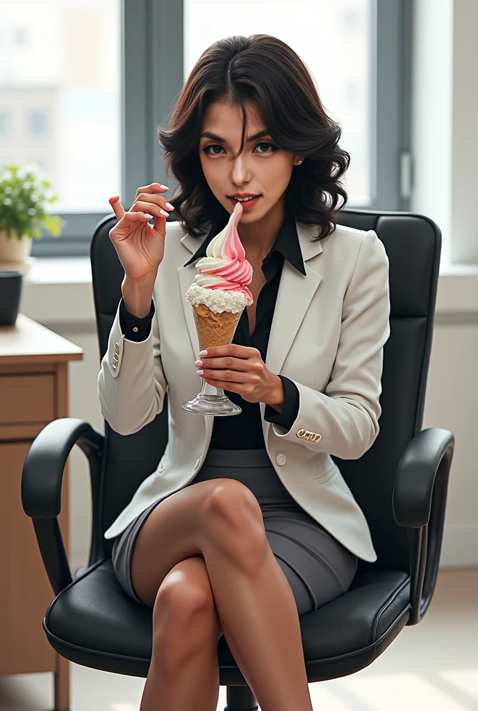 A super realistic photo of one slender business lady, model-like appearance with long hair. She is dressed in a long and black business pencil skirt made from cotton fabric, black business jacket made from cotton and wool fabric. black business vest, white muddy shirt, stockings, black choker on the neck. She located in very muddy office. She sitting in flirtatious and modest pose and smears few very small drops of the ice cream that she spilled on herself onto her clothes. The studio light brilliantly illuminates all her clothes in details, casting small shadows and emphasizing the texture of the chocolate on her clothes. Please focus on stains of liquid ice cream on her clothes. View angle of the camera from top and left from the business lady.
