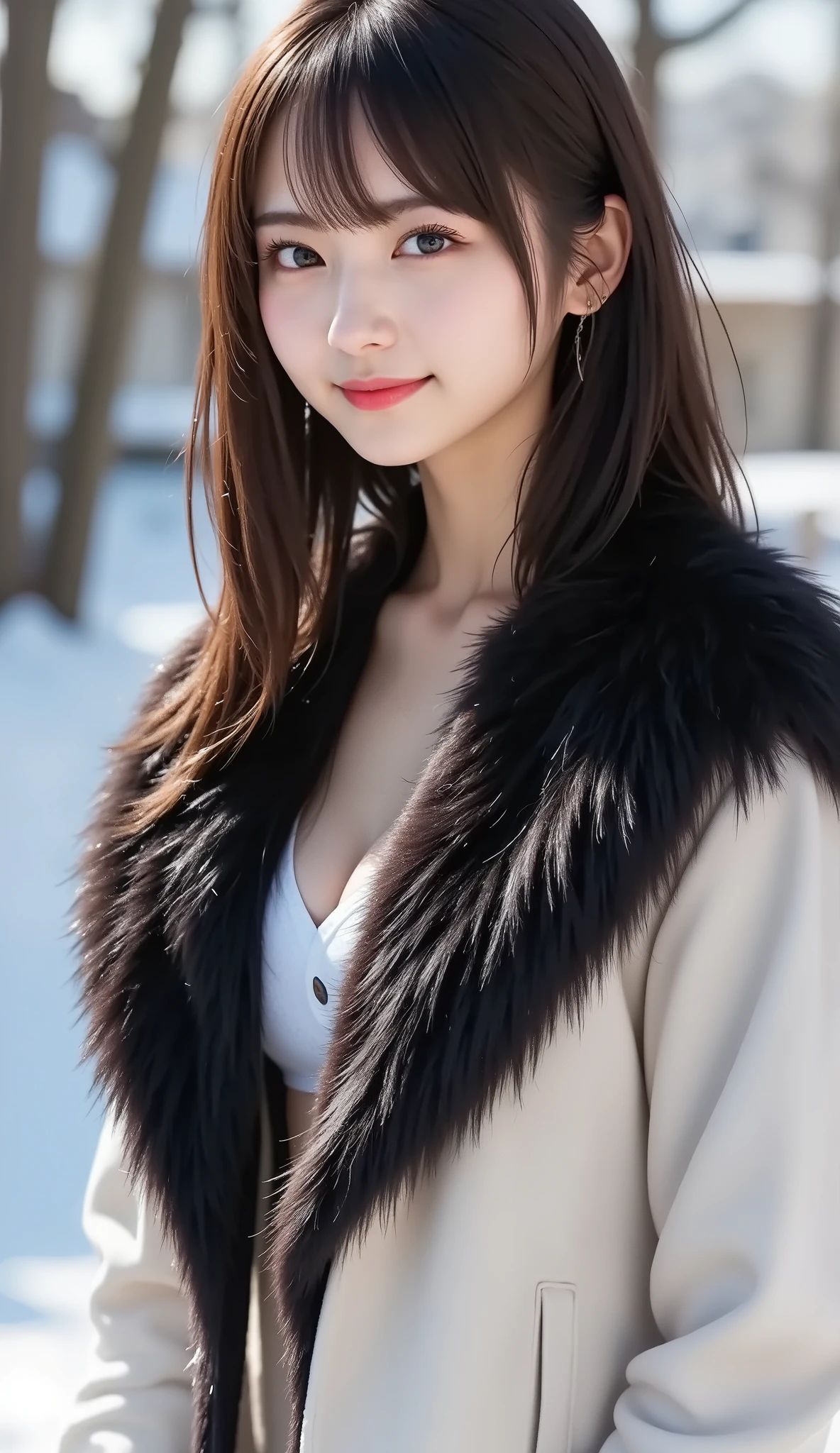 (a state where the face is accurately positioned in the center of the image: 1.5), (upper breast: 1.5), (fully reflects the entire head: 1.5), (Face clearly visible: 1.2)、 (black fur coat : 1.4), (A clear day with powdery snow : 1.5), long hair、bangs, smile, young and cute japanese face , official art, high image quality CG Unity 8k wallpaper,Ultra high image quality , very well detailed, high image quality , film grain , lens flare glow , Best Quality ,8k, as a portrait shot ,8k, viewer , (( masterpiece)), (( Best Quality )), ( very well detailed), (( it's cute )), (( sexy)), (( very well detailedな)), ( Detail Wear Features ), ( beautiful), illustration of a woman with a penis , beautiful Japanese woman, (( ladies 1 )), (Tight Chest : 1.3)