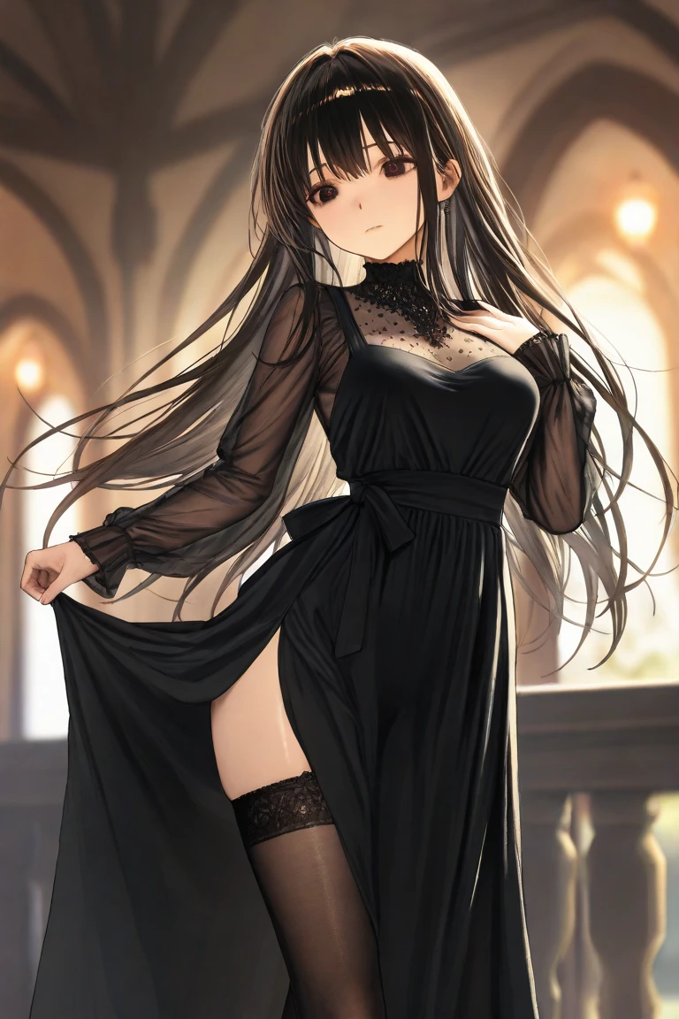 Eleonor, long brown hair slightly curled, sharp purple eyes, former noble from England, elegant and refined features, illustration, intricate detail, beautiful eyes with a hint of mystery, 1girl, solo, wearing an exquisite Victorian-era gown with intricate lace and embroidery, masterpiece, best quality, better lights, better shadows, breasts apart, medium breasts, wide hips, milf, mature female:1.2, standing gracefully in a garden with a Sakura Blossom Tree and cherry blossoms, clear sky, soft ambient lighting, blush:1.5, looking at viewer with a gentle smile, facing viewer, elegant pose with one hand lightly touching a rose bush, cowboy shot, contrapposto, thigh gap:1.2, blue footwear, low twintails, jewelry including a hairband, bare shoulders, necklace, detached sleeves, knee boots, strapless gown revealing collarbone, closed mouth with half closed eyes:1.2, embodying a sophisticated and alluring presence,