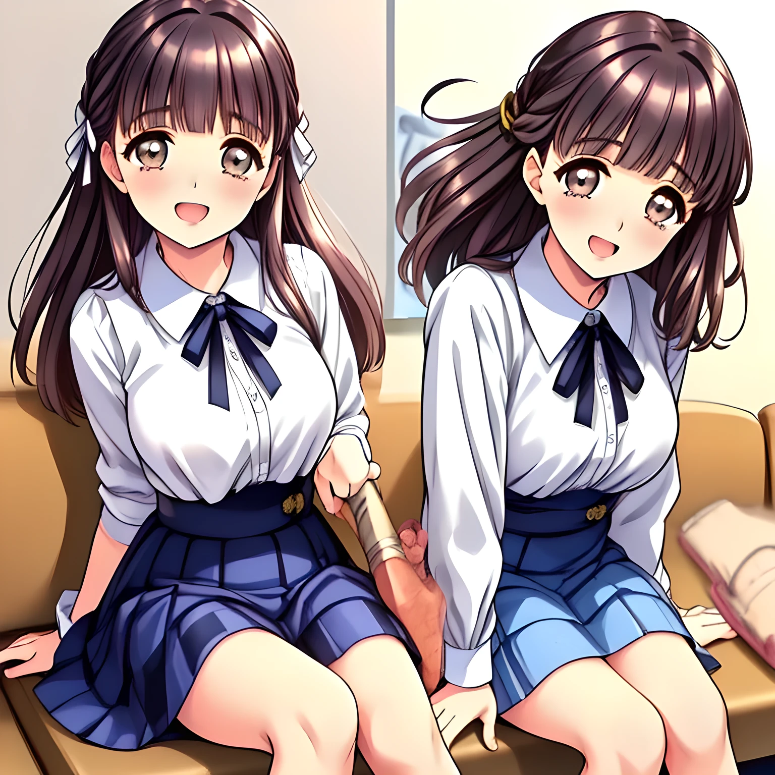 (highest quality, masterpiece:1.2), highest quality, High resolution, 1080p, 8K, (A beautiful pretty noble girl of (love-story comic heroines) is seated in a train cabin, hypnotizing me by their neat beauty, ((laughing at me)), ((((girl's love-story comic heroines)))), (intelligent and perfectly balanced slender style), feeling too funny, amazingly neat & clean, in peace and neat lovely strong charm, cutely tilted head, 8), (Too noble beautiful lady like a love-story comic heroine), (laughing like watching a comedy), A very lovely, very noble, pretty and pure beautiful girls. ((neat innocent ears)), ((white grown face)), Using expensive whitening cosmetics by cosmetics artist: 1.2), Glossy lips, (curled) bangs, (Too beautiful blue fascinating shiny (double-lidded) (brown eyes) with love to the viewer, ((deep upper girly eyelid)), ((huge eye pupils)), laughing with detailed clearly: 1.5), (Dark blue vest school uniform, (Neat smart (white school frilled blouse))): 1.8), (A very neat, ((realistic), (dark-blue) pleated blue school (beautifully checkered) skirt): 1.6), (too pretty shiny big (red realistic school ribbon tie)): 1.5), (Shiny love-story heroine lips, extremely laughing open mouth: 1.0), ((amazingly beautiful black bobbed wavy hair is blowing in the wind: 1.5)), (Hair Ribbon ties (black hair), The ribbon is big and very pretty), (Tight waist, slender: 1.5), (The background is (plain black space) to emphasize their fascination: 1.8), (The lady knows well about the viewer's super fetishism for school uniforms, and satisfies it completely in the viewer's lewd dream: 1.7), (Gorgeous atmosphere In a train limited for beautiful girls bound for girl's school directly early in the morning: 1.5), (Everything is organized to have strong effect of hypnosis for the viewer to fall into happy dream with many beautiful girls: 1.5), (The viewer must be transferred to the world of only beautiful girls right now when he sees the eyes of girls in this picture: 2)