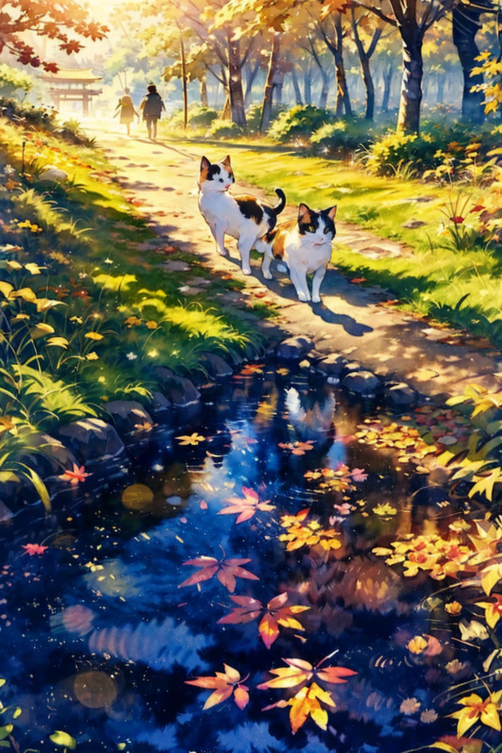 (masterpiece),( best quality),(  very well detailed),(   tamago cloth ),(( line art )),((watercolor)),16k,   wallpaper,三毛猫の  very well detailedな絵、 Crazy Details  ， very well detailed猫，  my house where calico cats walk around  ，Walking the promenade三毛猫マンチカン，Autumn in old Japanese towns、Walking the promenade，  Fallen Leaves for Vaginal Discharge ， sunlight filtering through the trees，another world、The creation of silence、 long hit 、 targets are small 、