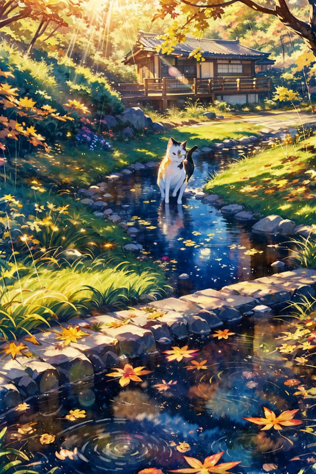 (masterpiece),( best quality),(  very well detailed),(   tamago cloth ),(( line art )),((watercolor)),16k,   wallpaper,三毛猫の  very well detailedな絵、 Crazy Details  ， very well detailed猫，  my house where calico cats walk around  ，Walking the promenade三毛猫マンチカン，Autumn in old Japanese towns、Walking the promenade，  Fallen Leaves for Vaginal Discharge ， sunlight filtering through the trees，another world、The creation of silence、 long hit 、 targets are small 、