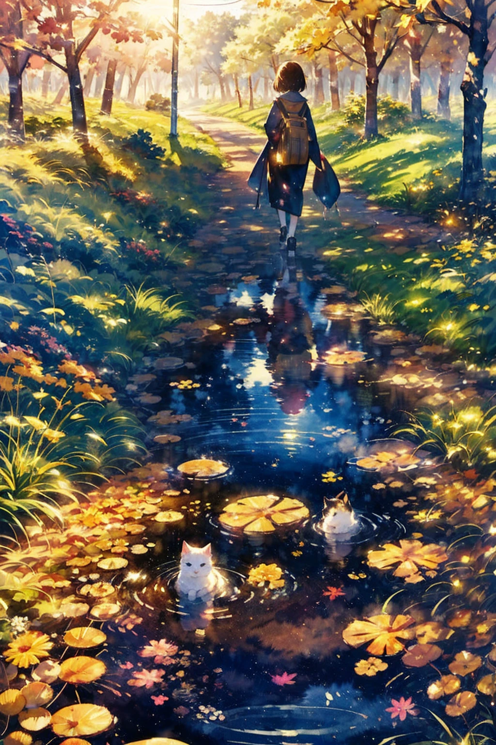 (masterpiece),( best quality),(  very well detailed),(   tamago cloth ),(( line art )),((watercolor)),16k,   wallpaper,三毛猫の  very well detailedな絵、 Crazy Details  ， very well detailed猫，  my house where calico cats walk around  ，Walking the promenade三毛猫マンチカン，Autumn in old Japanese towns、Walking the promenade，  Fallen Leaves for Vaginal Discharge ， sunlight filtering through the trees，another world、The creation of silence、 long hit 、 targets are small 、