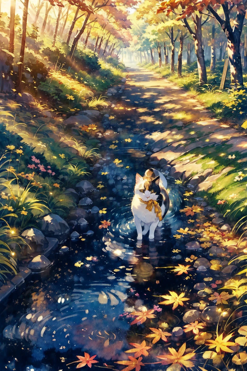 (masterpiece),( best quality),(  very well detailed),(   tamago cloth ),(( line art )),((watercolor)),16k,   wallpaper,三毛猫の  very well detailedな絵、 Crazy Details  ， very well detailed猫，  my house where calico cats walk around  ，Walking the promenade三毛猫マンチカン，Autumn in old Japanese towns、Walking the promenade，  Fallen Leaves for Vaginal Discharge ， sunlight filtering through the trees，another world、The creation of silence、 long hit 、 targets are small 、