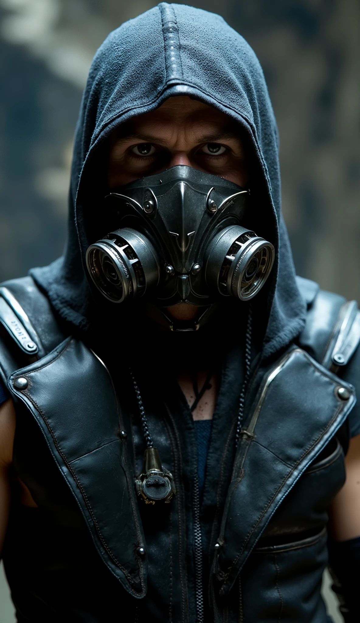 Ryan Gosling's super realistic like Kabal, focused on the upper body, with a shiny metallic outfit and impactful details, and a striking background: "Close-up hiper-realista do Ryan Gosling como Kabal, the ruthless sprinter and former member of the Black Dragon from Mortal Kombat. He stands in a dynamic and powerful pose, with an intense and threatening expression, transmitting speed and ferocity. He wears a shiny metallic suit, with intricate details and reflections that highlight the shimmering material. His breathing mask and high-tech equipment are highly detailed, with brilliant reflections and futuristic patterns. The lighting is dramatic , with undulating shades of black and silver , creating strong contrasts between light and shadow. structure: Made of a dark and resistant metal, the mask covers the entire face of This Kabal, hiding its grotesque scars. Its design is angular and reinforced, with aggressive lines that accentuate his menacing appearance. Breathing System: Two large side valves act as respiratory filters, emitting a characteristic sound when he breathes, similar to a mechanical and threatening gasp. The function not only keeps Kabal alive, but also adds a psychological effect against his opponents. Eyes and Visors: The eye area is covered by obscuration or red in some versions, giving him a ghostly and impersonal look, as if he were an inhuman predator always lurking. Colors and Finish: The mask varies between dark metallic tones, matte black and aged silver, with a worn and scratched appearance, evidencing years of brutal battles. Variations : In some versions of the franchise , the mask has additional details, like small tubes and reinforcements that make her even more technological or demonic, depending on the iteration of the character. Kabal's mask is not just an accessory: is part of your identity, representing your survival, his revenge and his ruthless combat style.
