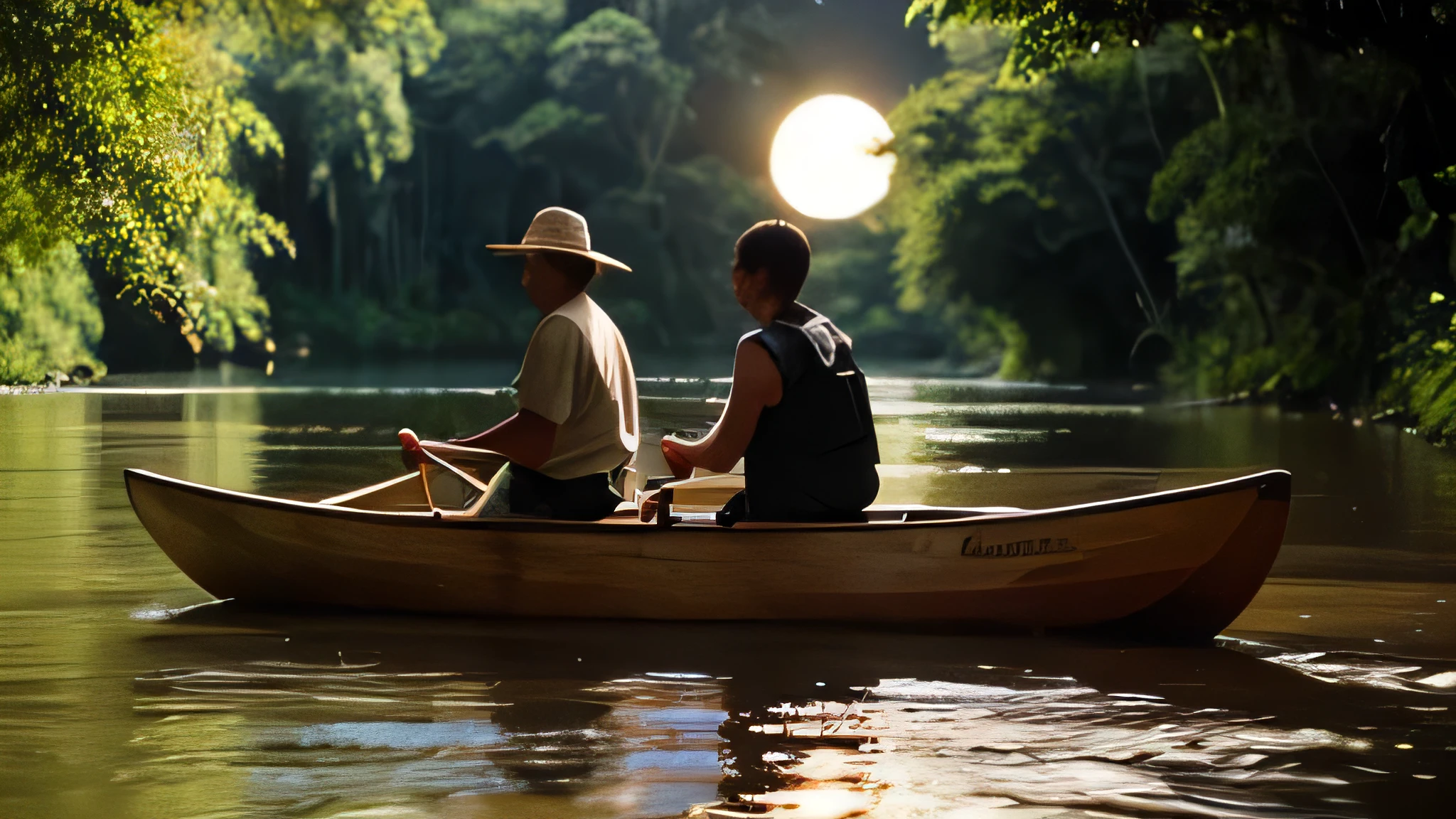 It's a full moon night. A river in the Amazon with forests on its banks. A small wooden canoe with two men, but one of them is jumping to dive into the dark waters.