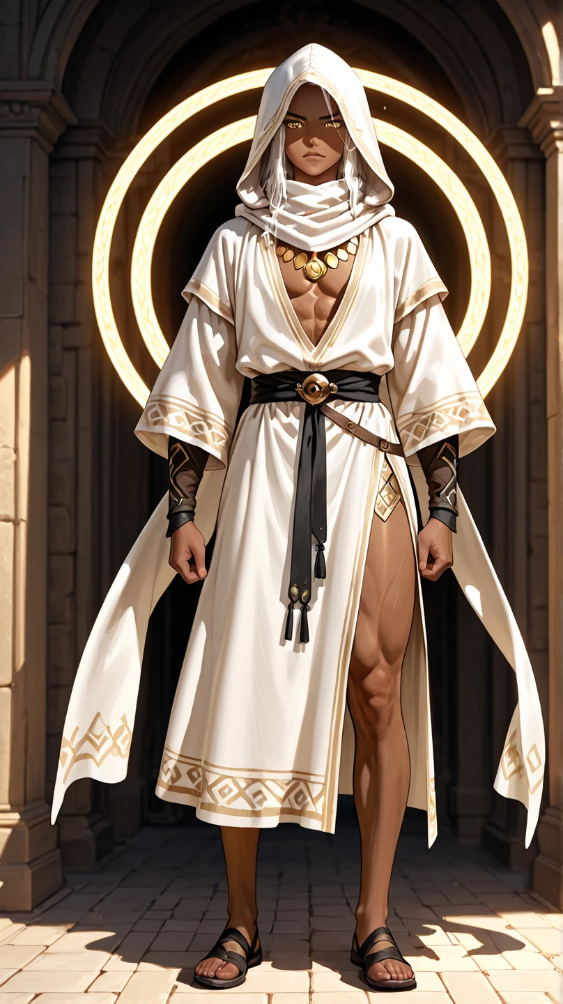 best quality, unity cg, masterpiece, hyper realistic image of extremely handsome and tall 30 year old man, dressed like a fantasy holy cleric with white see through robes, exposed chest, kneeling in prayer, bulge, ((magic golden particles)), ((golden wisps circle him)), a beam of light shines directly down on him, perfection, absurdly elaborate fantasy shoulders, full body, fill frame, highly detailed, intricate details, sharp focus, ambient, dynamic shadows, (((no watermark)))