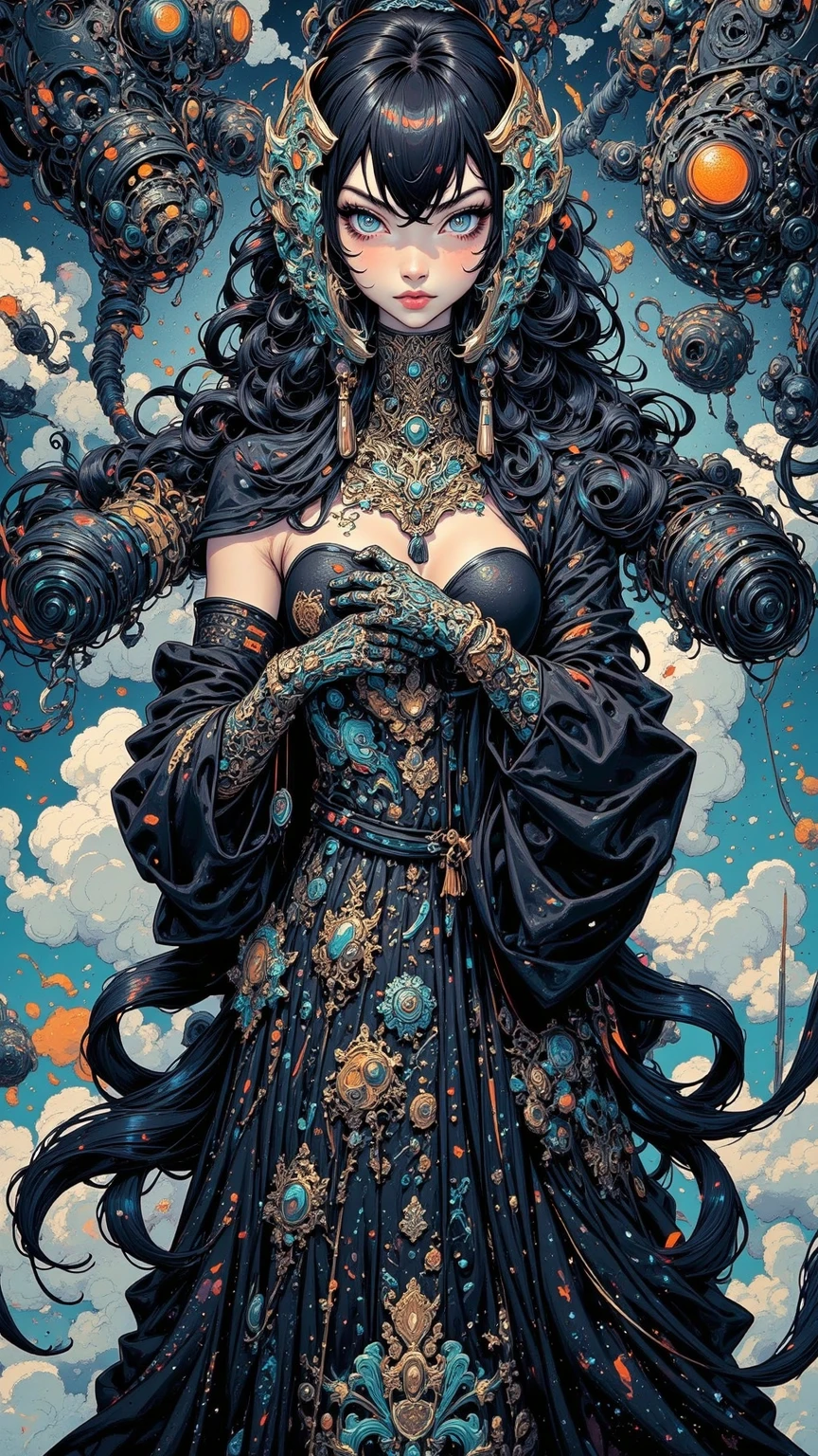 Wantz monster design，intriguing，High color saturation，swirles，Hyper-realistic, Ultra-detailed，Ultra-stereoscopic，MuCoi，Drip style - paint - 1900，tentaculata，round eye，Digital art by Ray Caesar and Hannah Hch and Stephen Burrows, A beautiful young woman in action pose, centered in frame, Wide shot, Lively breasts, Mask, Pop surrealism, neo-dada, Spectacular, spectacle, Masterpiece, Private collection, Featured collections, behans, a 3D render, Cracked clay, Gothic, Bright colors, Supersaturation, Depth, spirals, fibonacci sequence, shells, Flowers, gear wheel, tunnel, surreal environment, Fractal geometry, game assets, City scene, Modern makeup, Long eyelashes, Rain drops, Chiffon dress, Rococo, bangle, Punk rock, Subversive art, Dirty, Dirt, Skiff, Mid-cut jeans, Specular highlights, Pondering, ambient occlusion render, Detailed, Parade Square, ((isoline)), armature, Detailed, elaborate, complex, Desert, Mountains, Cart, The Car, Stormy sky, Moonlight